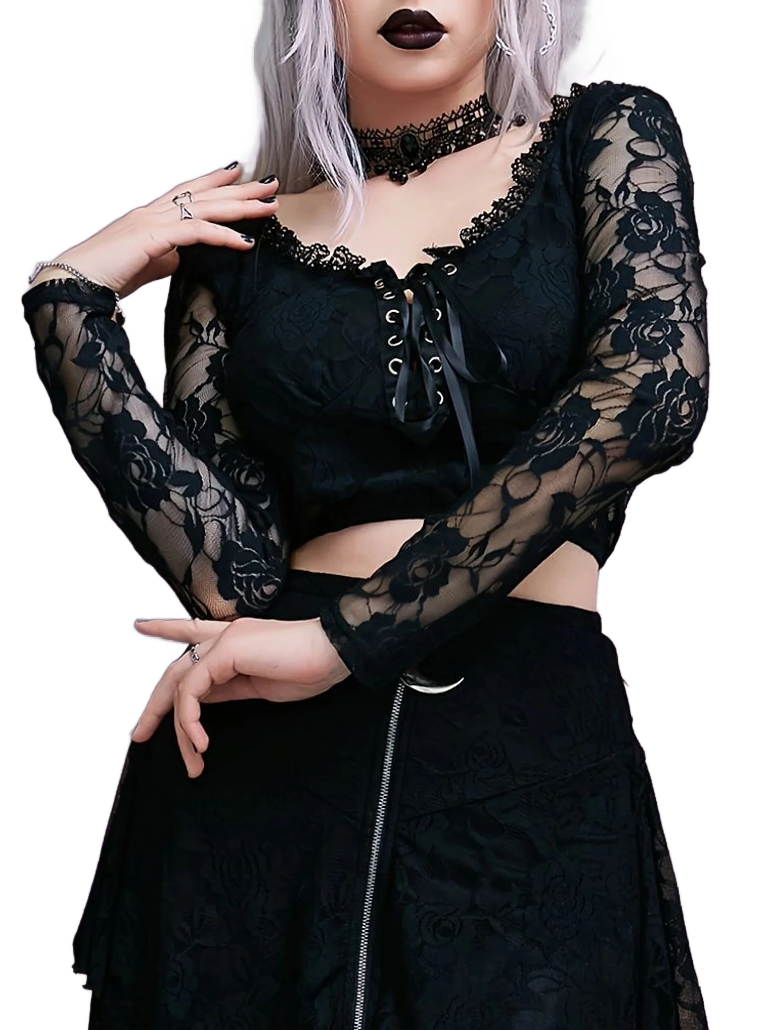 Rose Lace Trim Long Sleeve Crop Top - Image 2