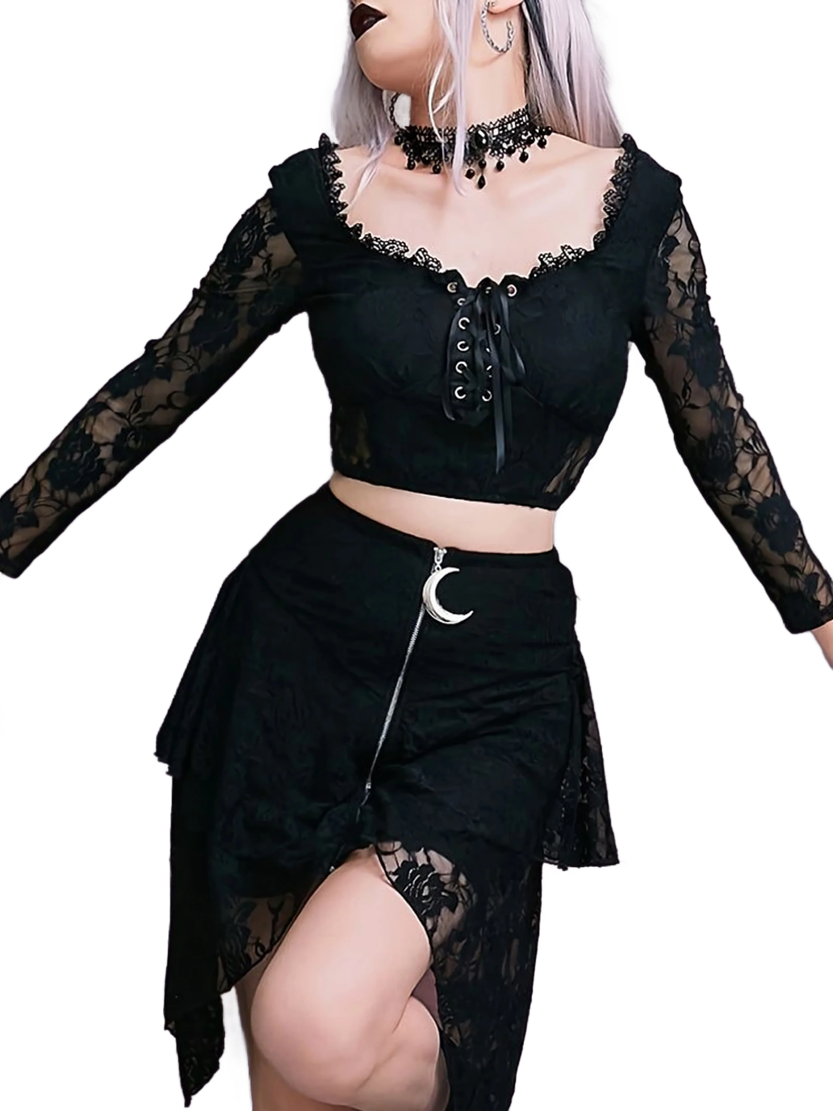Rose Lace Trim Long Sleeve Crop Top - Image 3