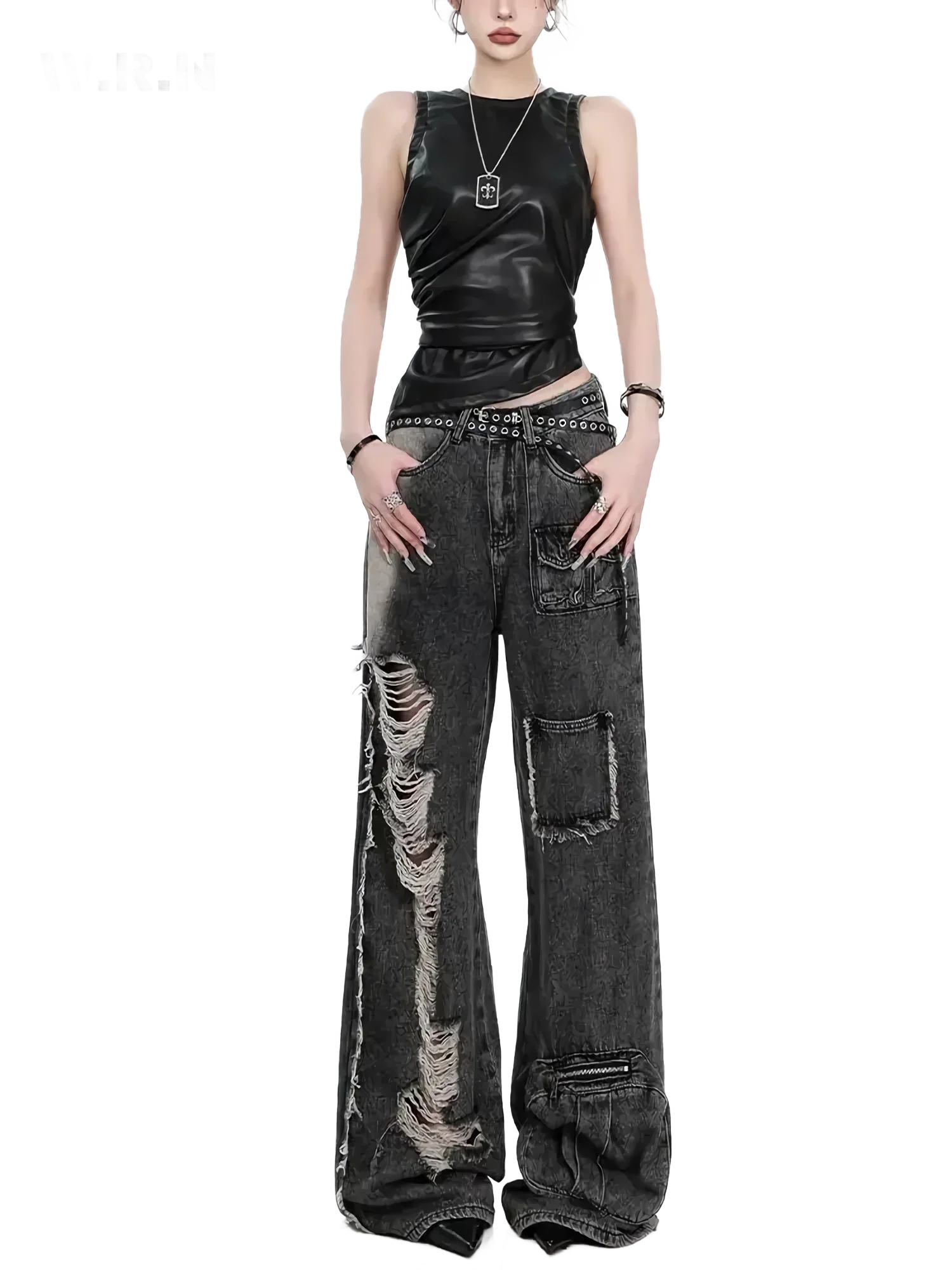 'Rubble' Deconstructed Black Denim Cargo Jeans