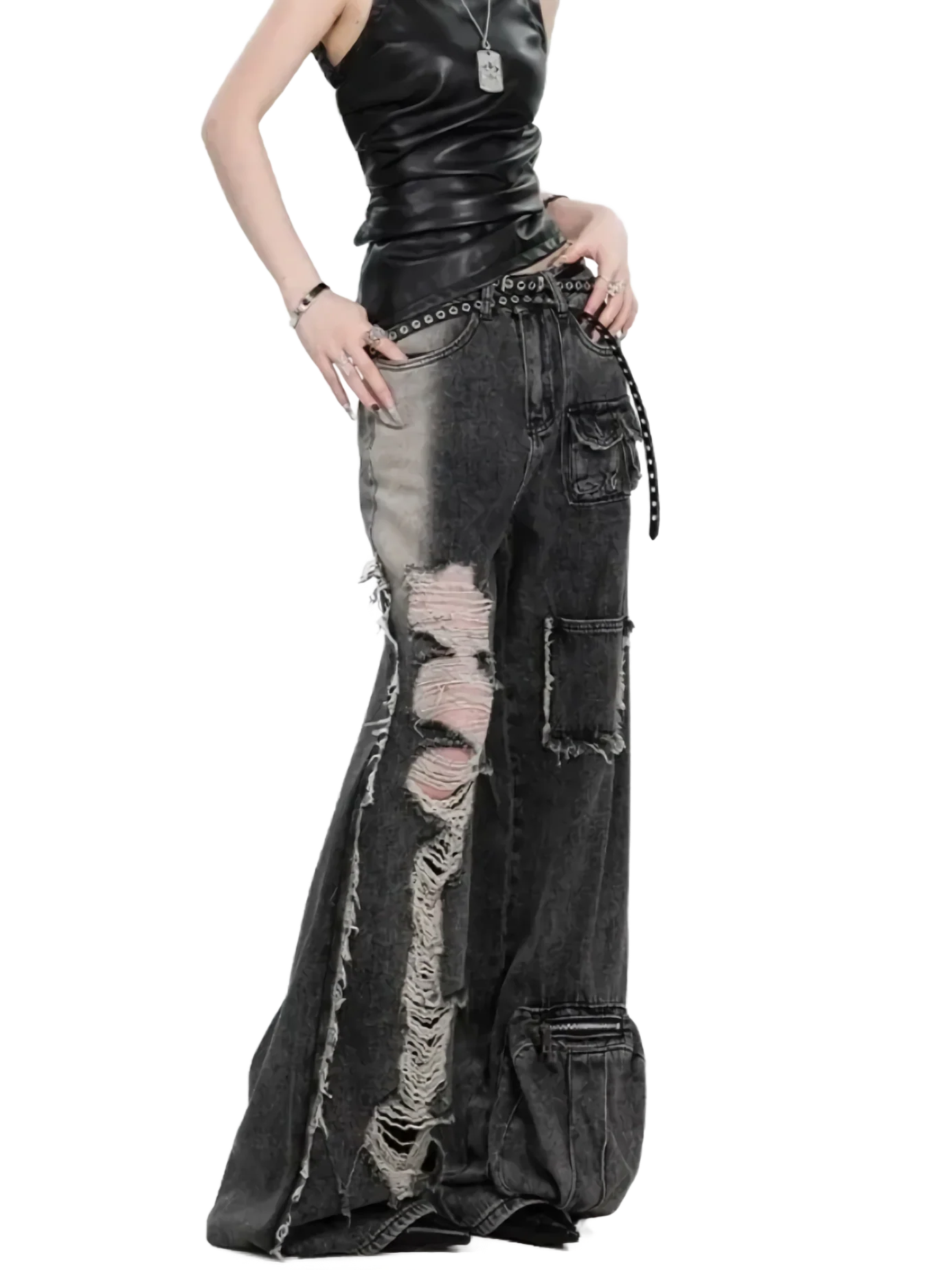 'Rubble' Deconstructed Black Denim Cargo Jeans - Image 2