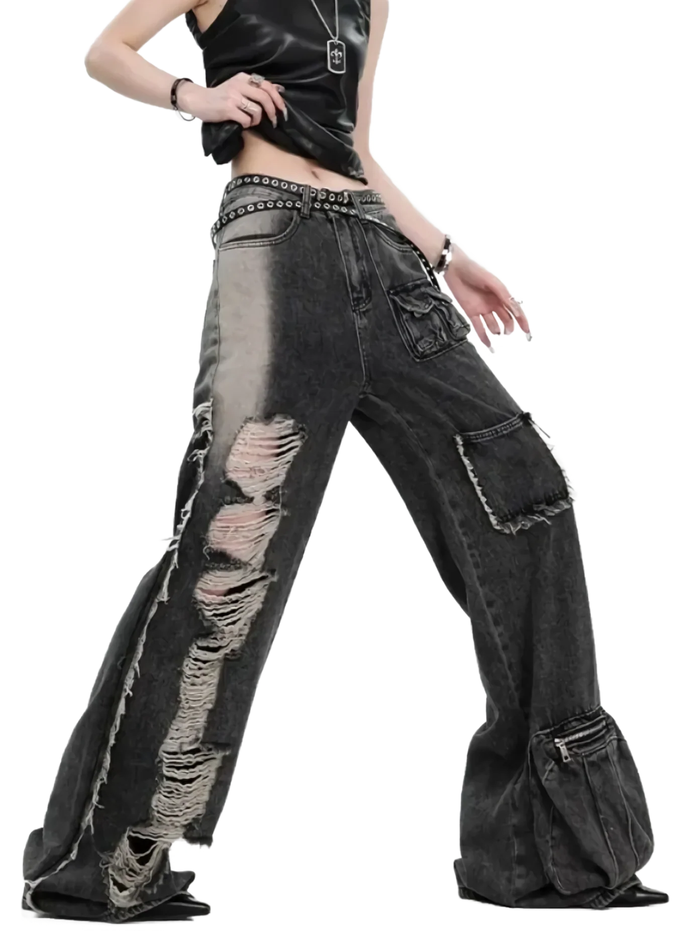'Rubble' Deconstructed Black Denim Cargo Jeans - Image 3