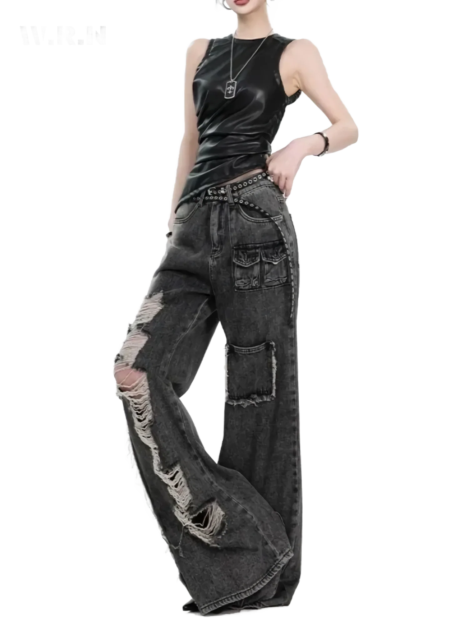 'Rubble' Deconstructed Black Denim Cargo Jeans - Image 4