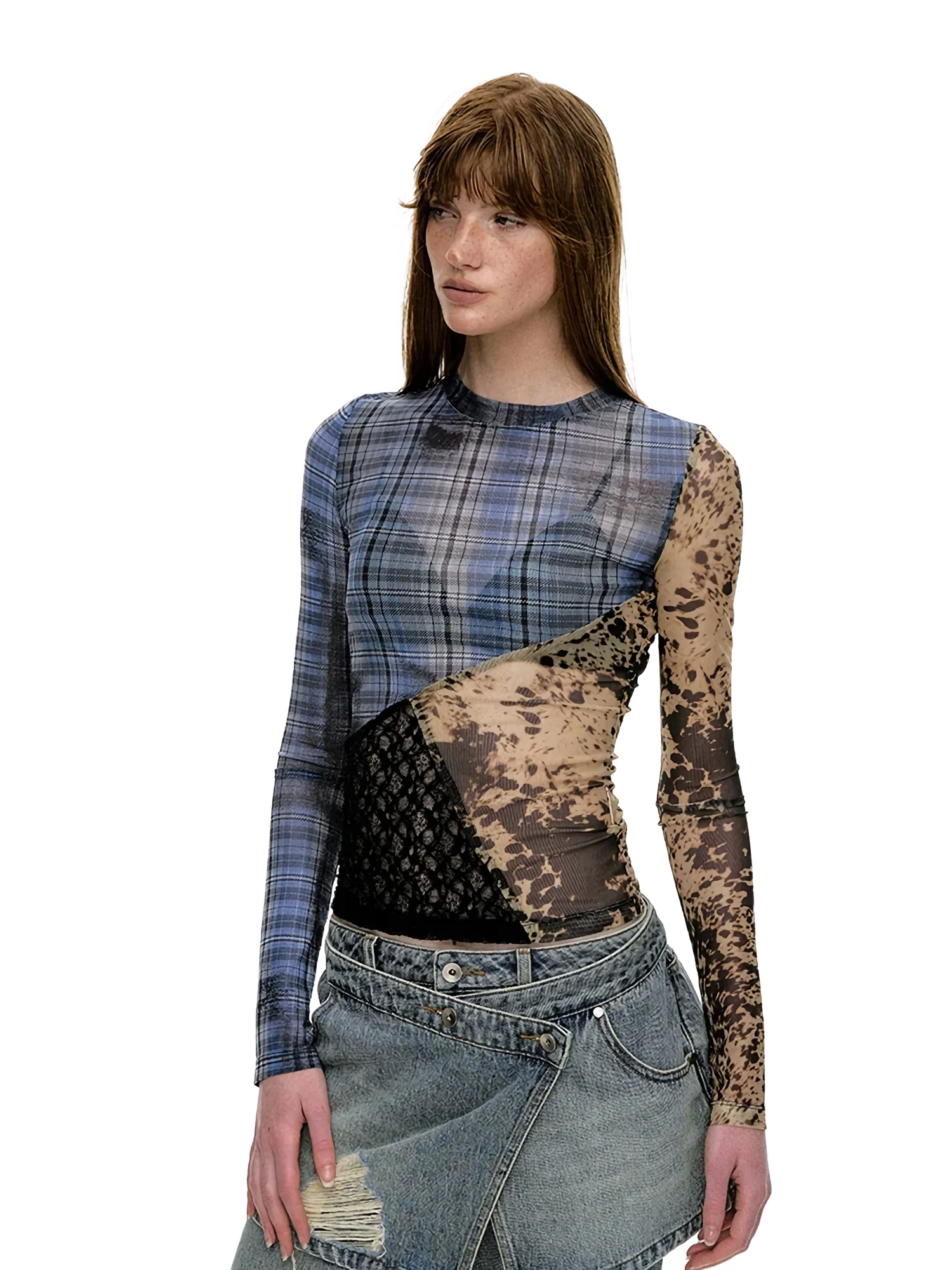 'Runes' Plaid Patchwork Stretch-Mesh Long Sleeve Top