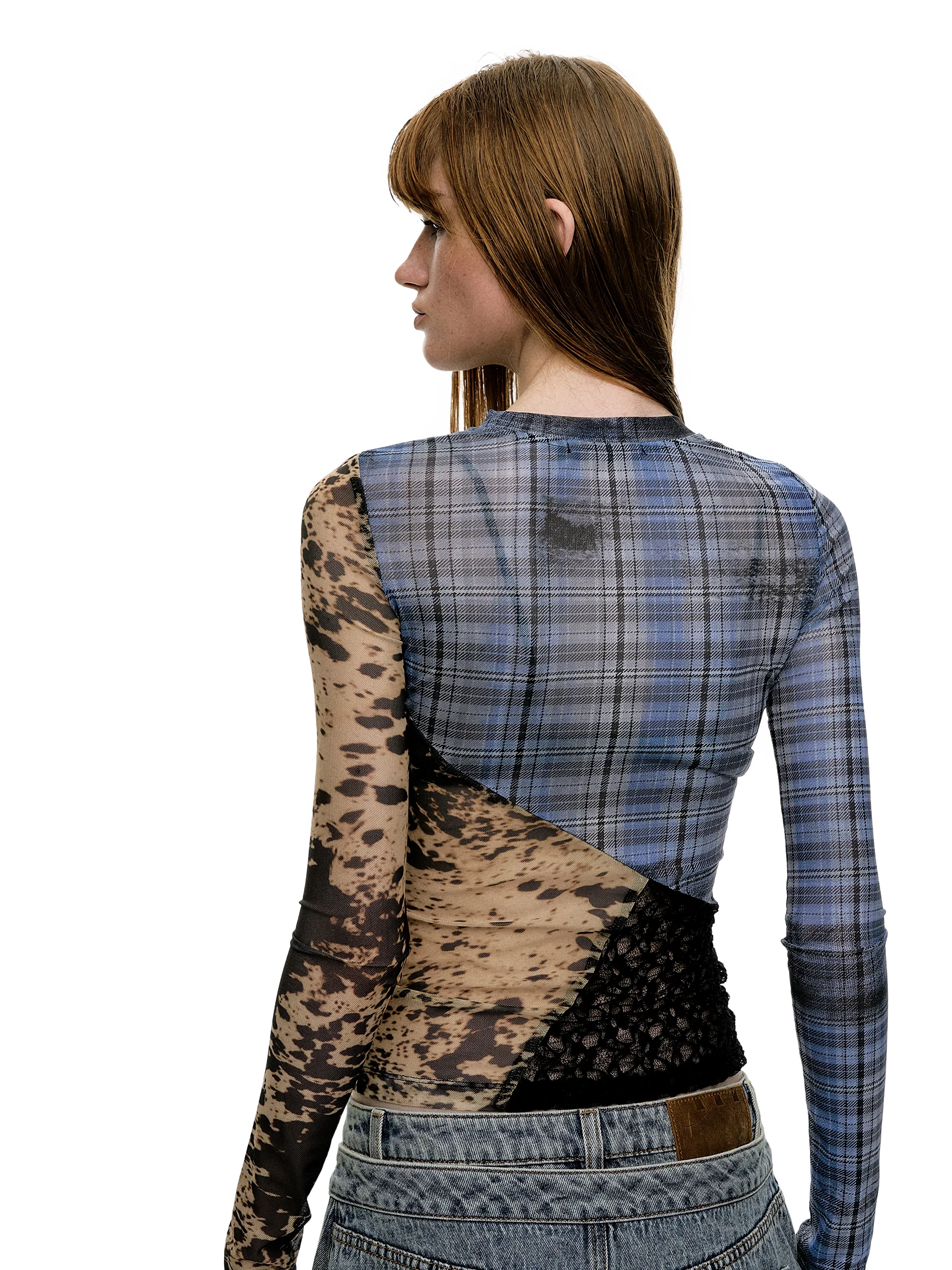 'Runes' Plaid Patchwork Stretch-Mesh Long Sleeve Top - Image 2
