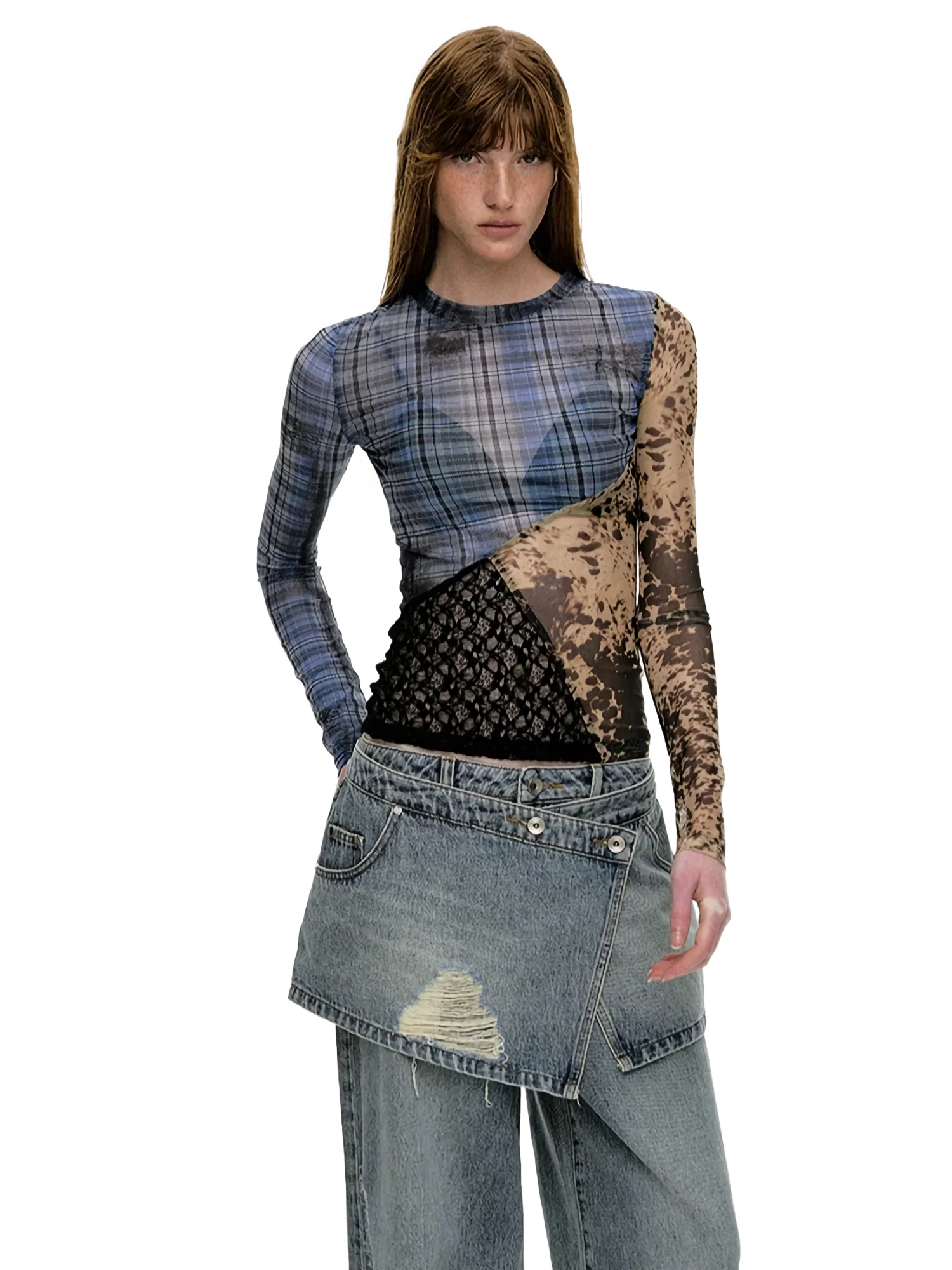 'Runes' Plaid Patchwork Stretch-Mesh Long Sleeve Top - Image 3