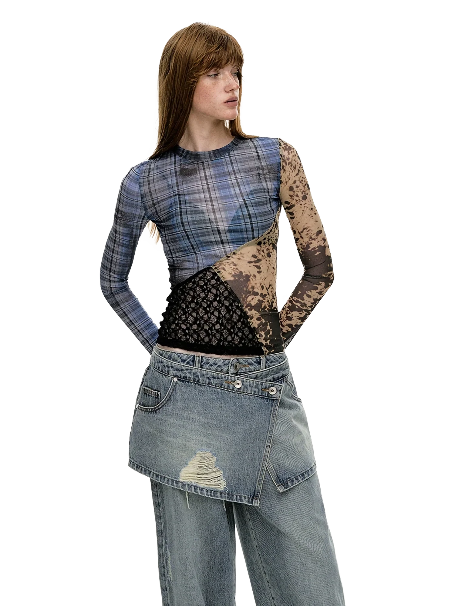 'Runes' Plaid Patchwork Stretch-Mesh Long Sleeve Top - Image 4