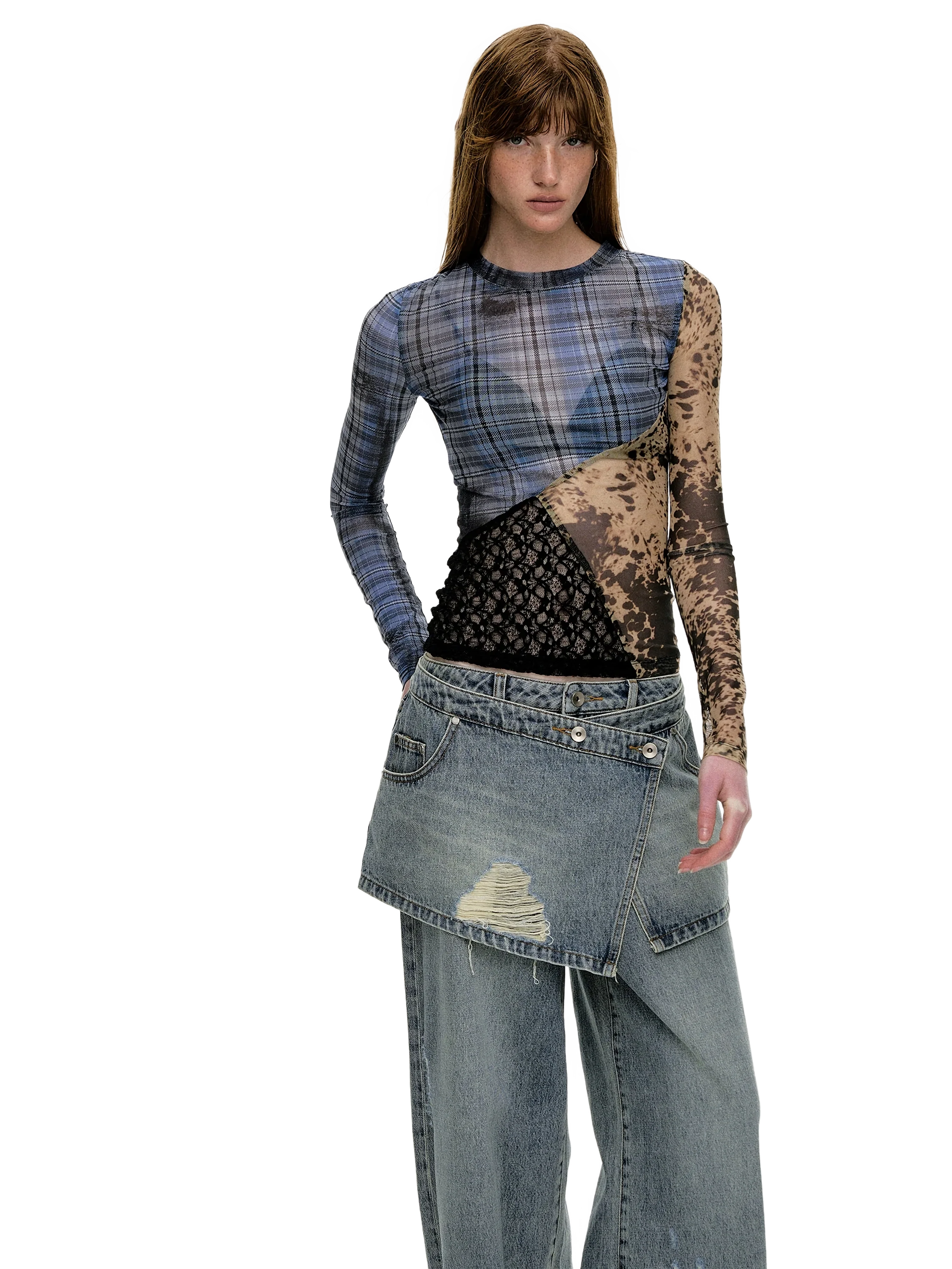 'Runes' Plaid Patchwork Stretch-Mesh Long Sleeve Top - Image 5