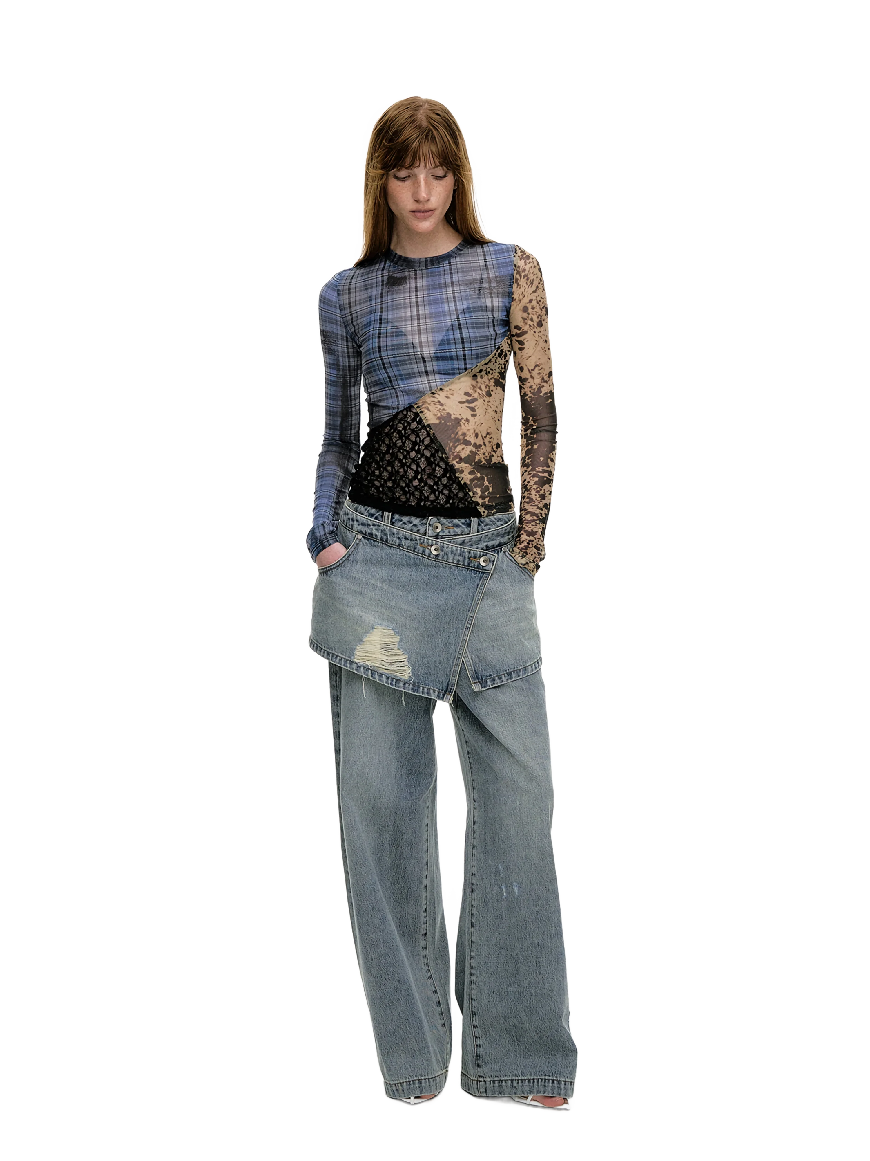 'Runes' Plaid Patchwork Stretch-Mesh Long Sleeve Top - Image 6