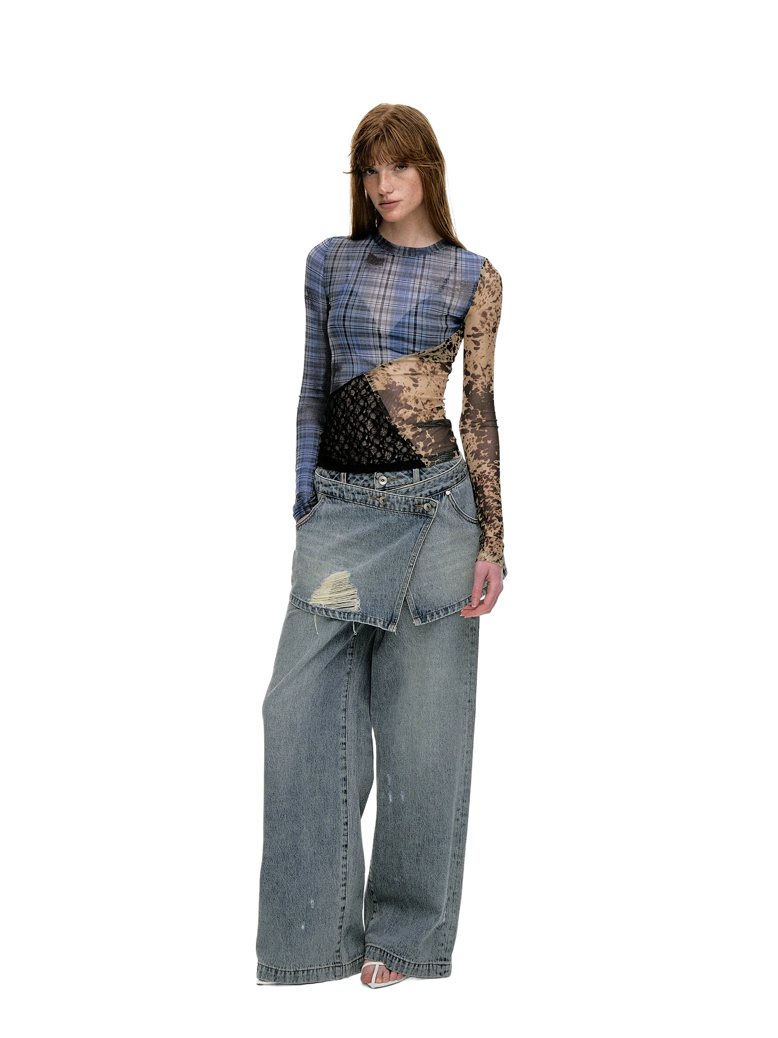 'Runes' Plaid Patchwork Stretch-Mesh Long Sleeve Top - Image 7