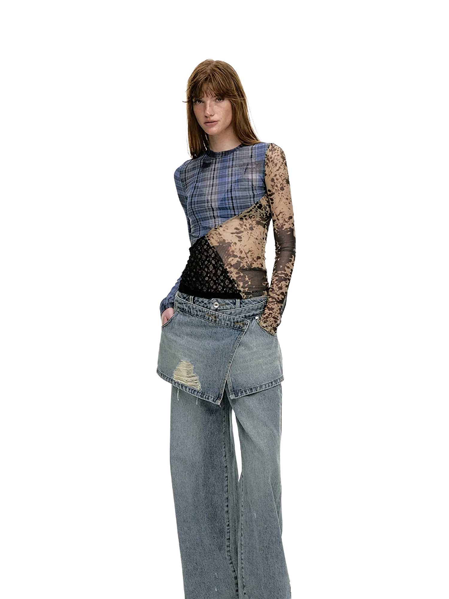 'Runes' Plaid Patchwork Stretch-Mesh Long Sleeve Top - Image 8