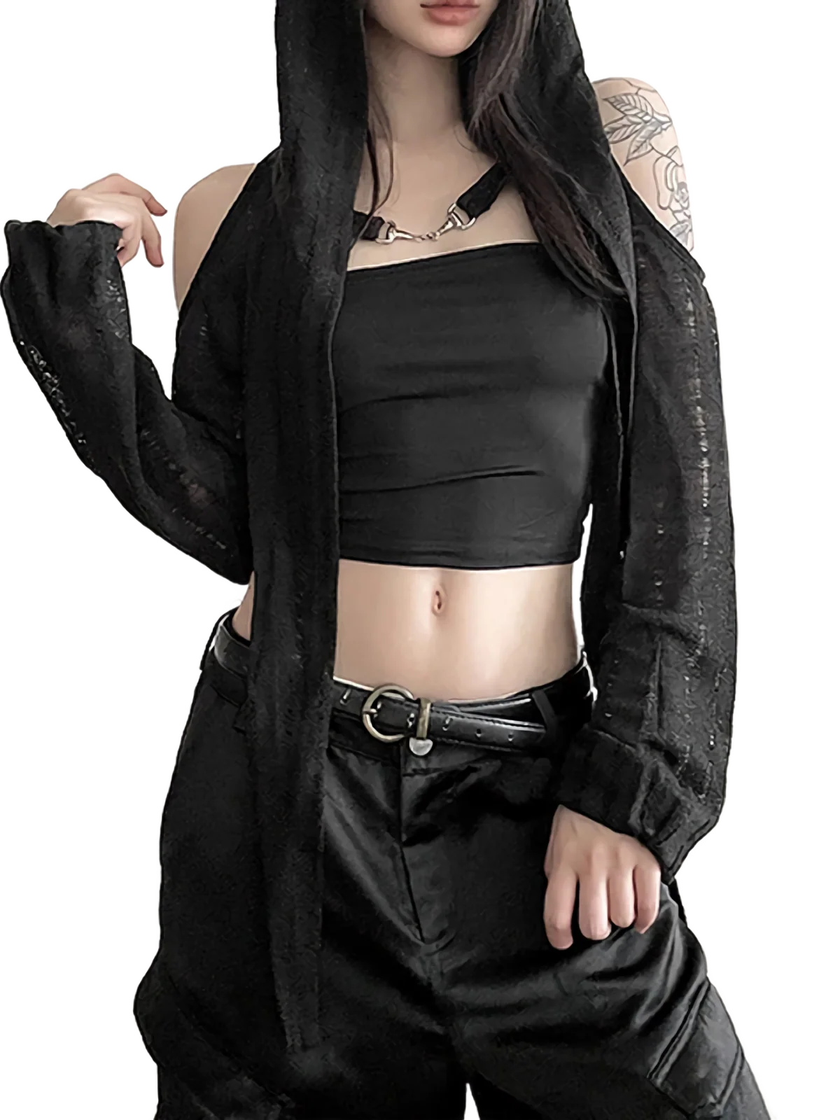 'Shadow' Open Shoulder Long Sleeve Hooded Cape - Image 3