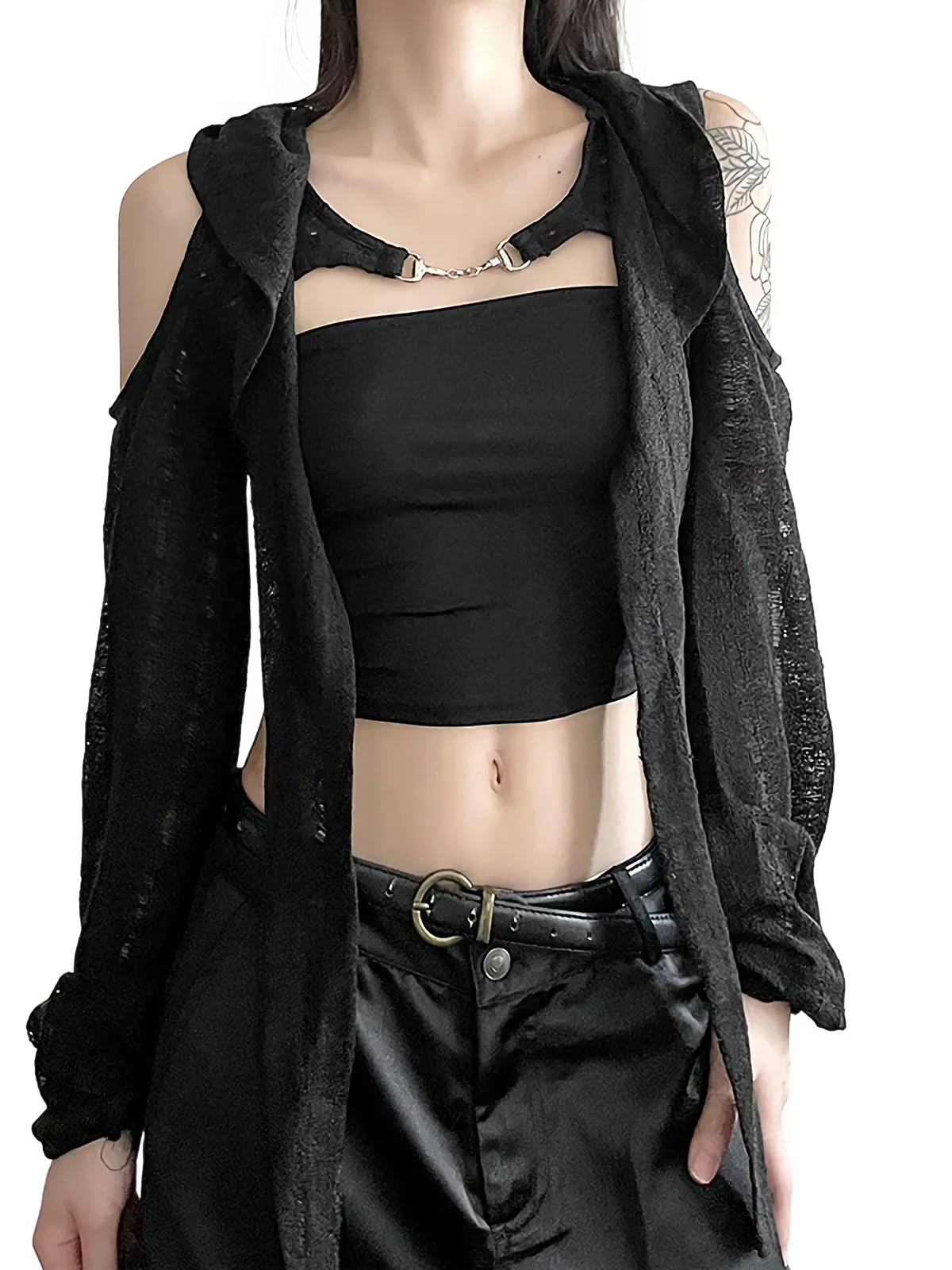 'Shadow' Open Shoulder Long Sleeve Hooded Cape - Image 4