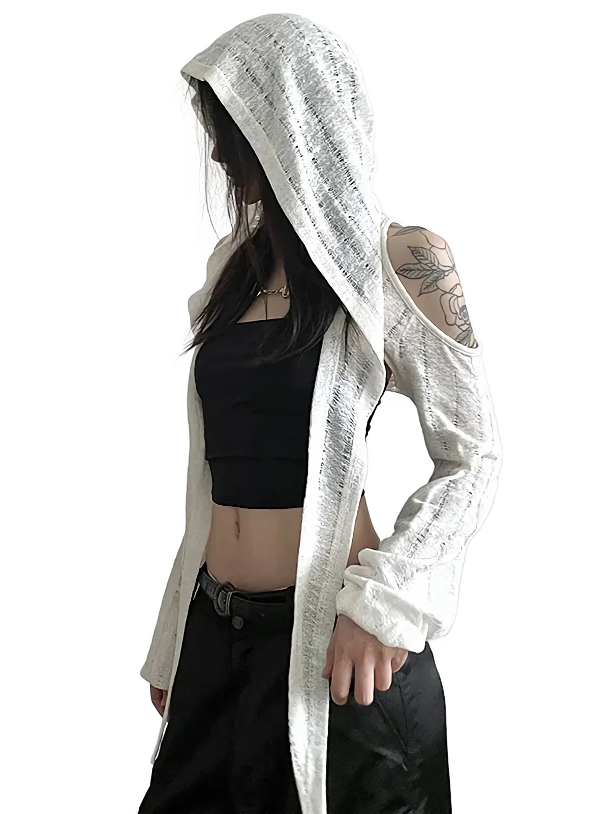 'Shadow' Open Shoulder Long Sleeve Hooded Cape - Image 5
