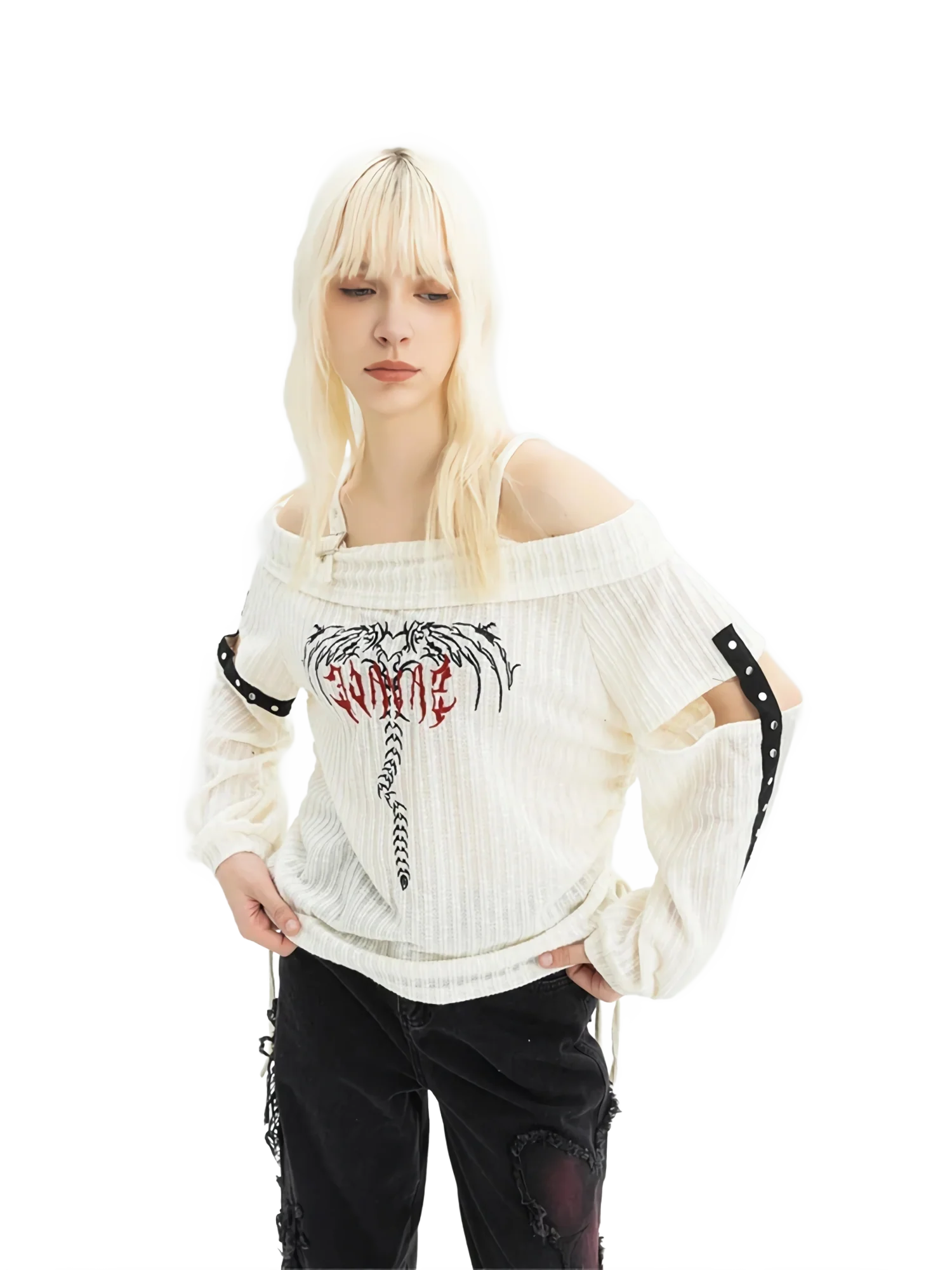 'Shadowfang' Off-Shoulder Ribbed Knit Sweater - Image 3