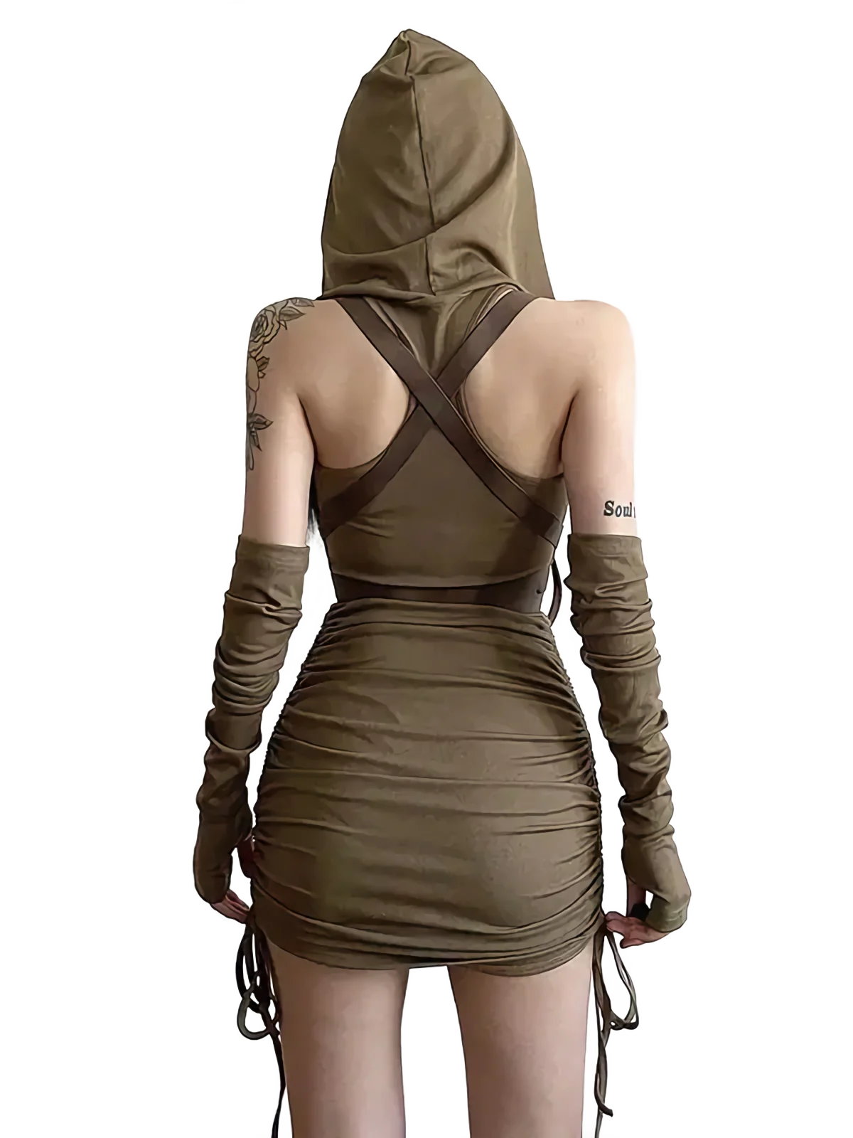 'Sicarius' Olive Hooded Mini Dress - Image 3