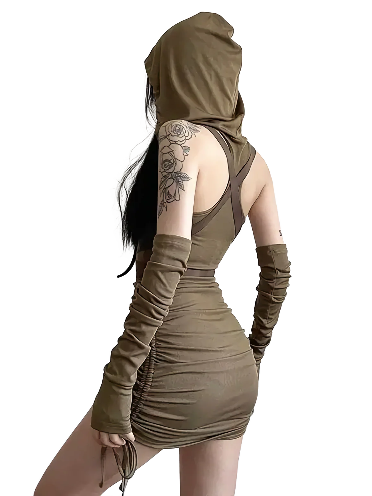 'Sicarius' Olive Hooded Mini Dress - Image 4