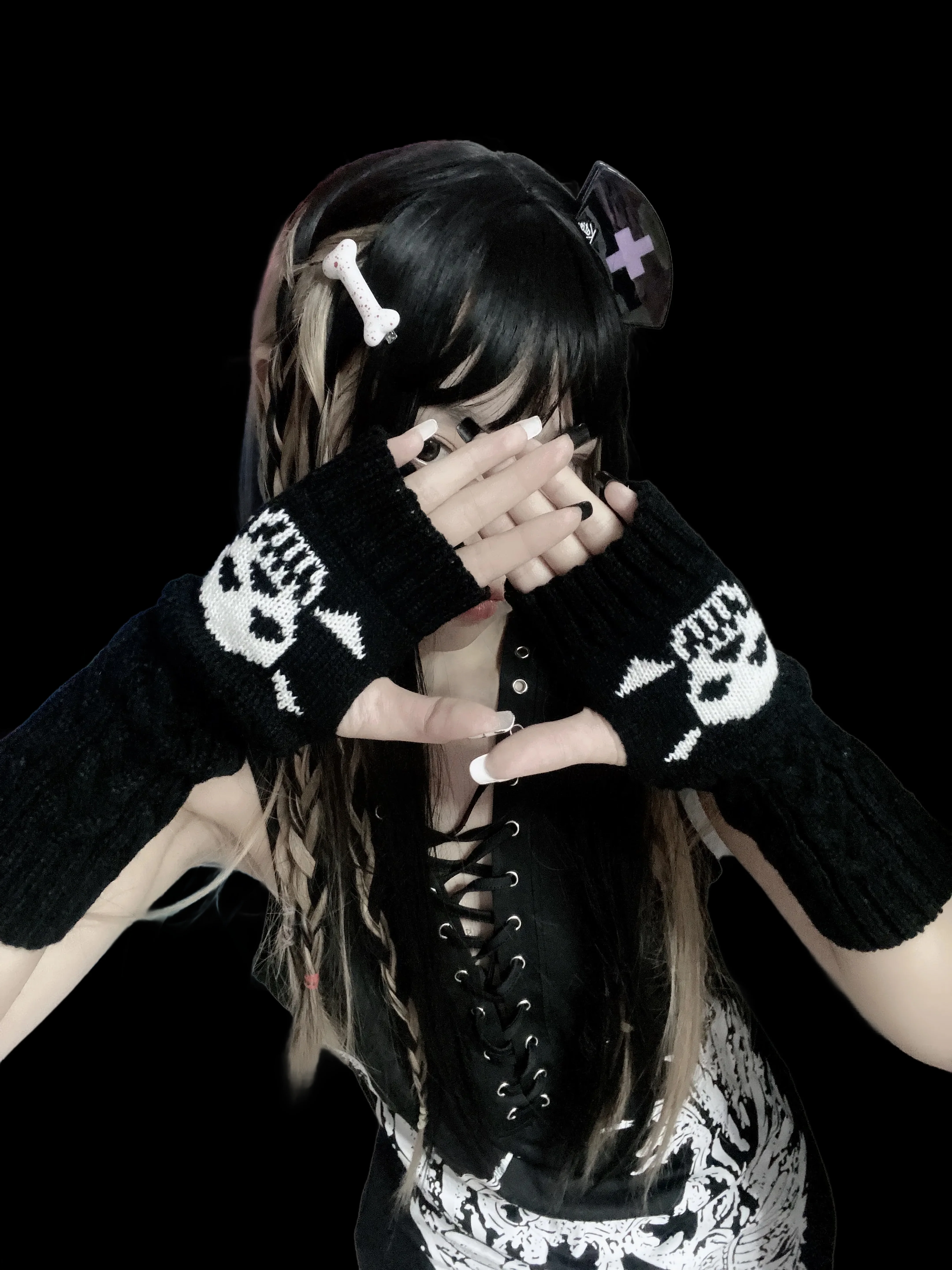 Skull Knit Fingerless Gloves - Image 2