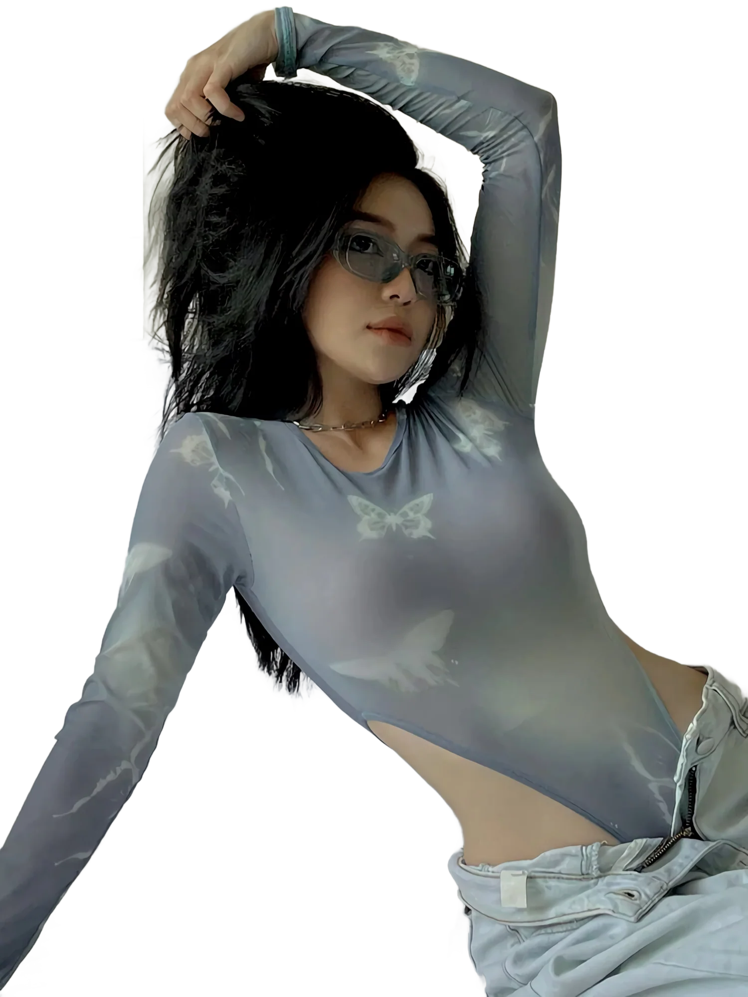 Sky Blue Sheer Mesh Long Sleeve Bodysuit - Image 3