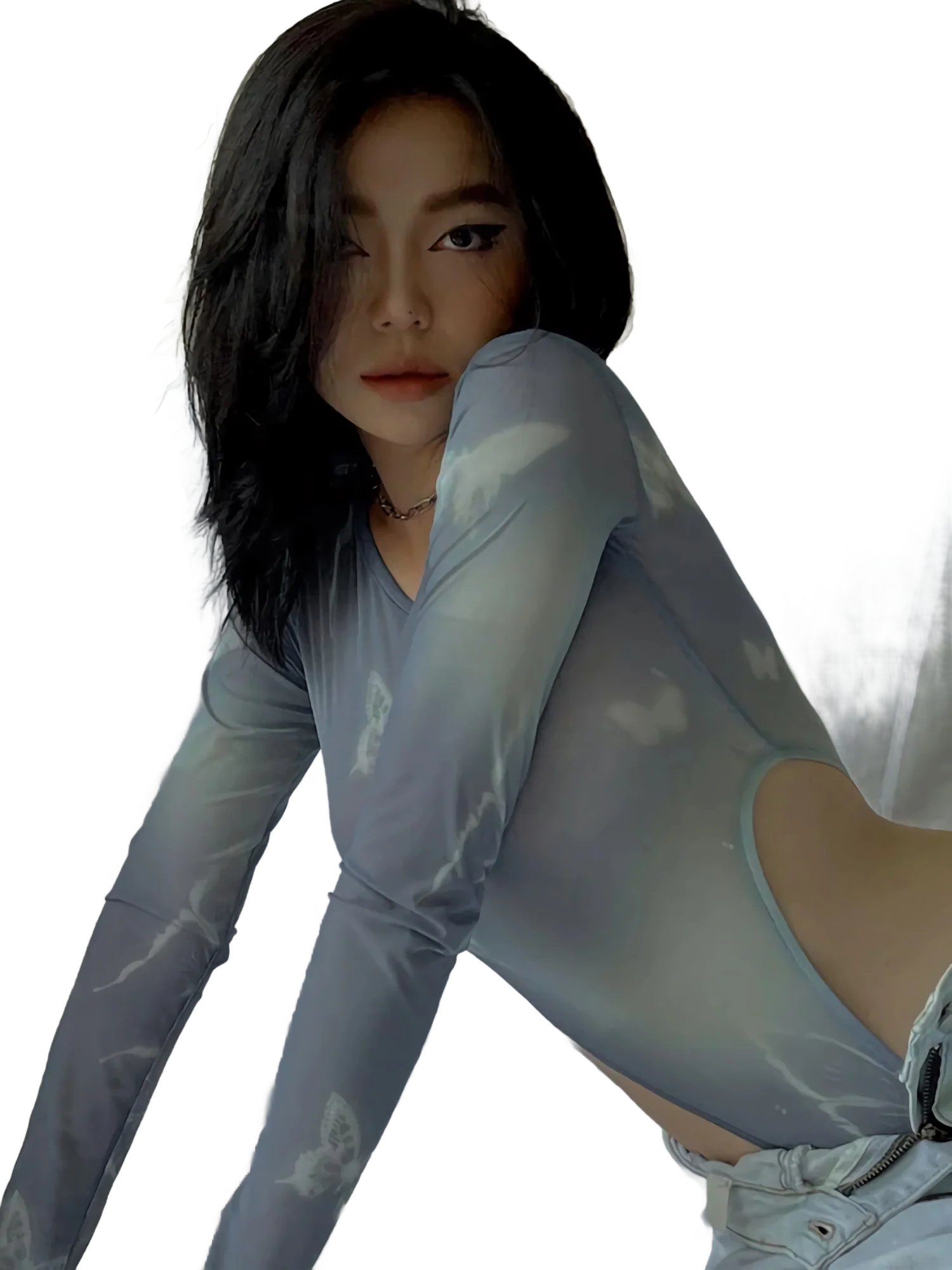 Sky Blue Sheer Mesh Long Sleeve Bodysuit - Image 4