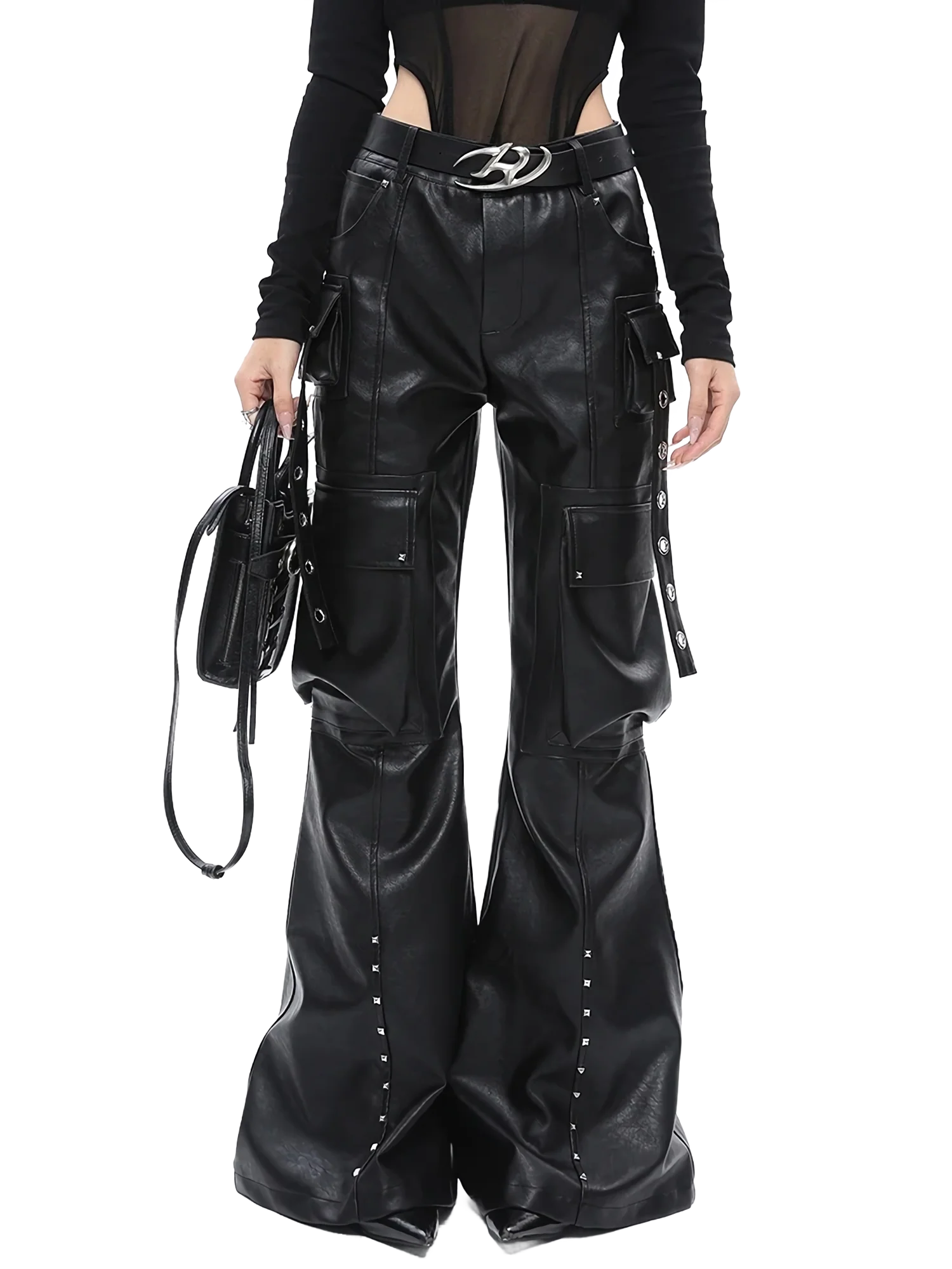 'Specter' Wide Leg Black Leather Cargo Pants