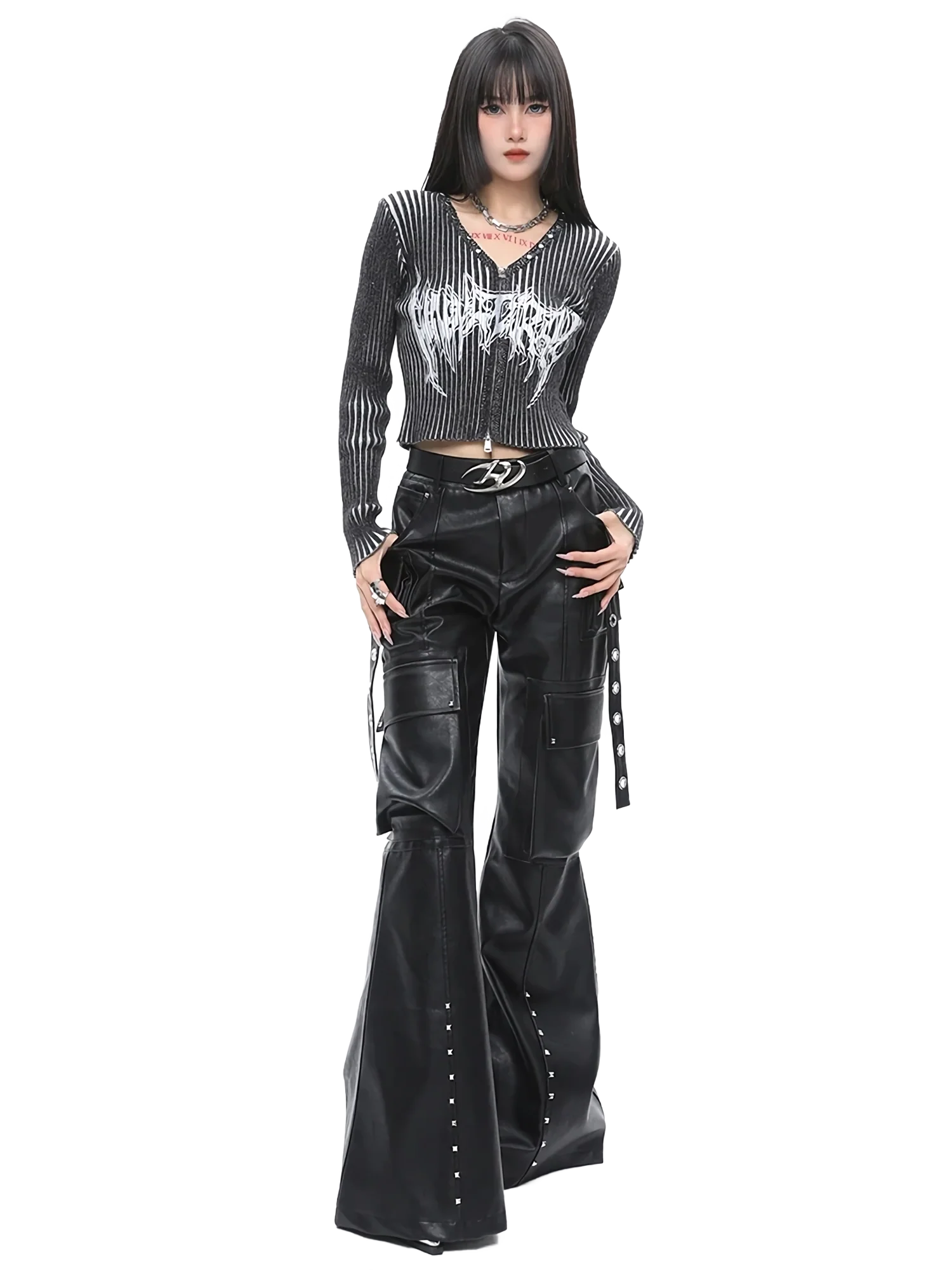 'Specter' Wide Leg Black Leather Cargo Pants - Image 2