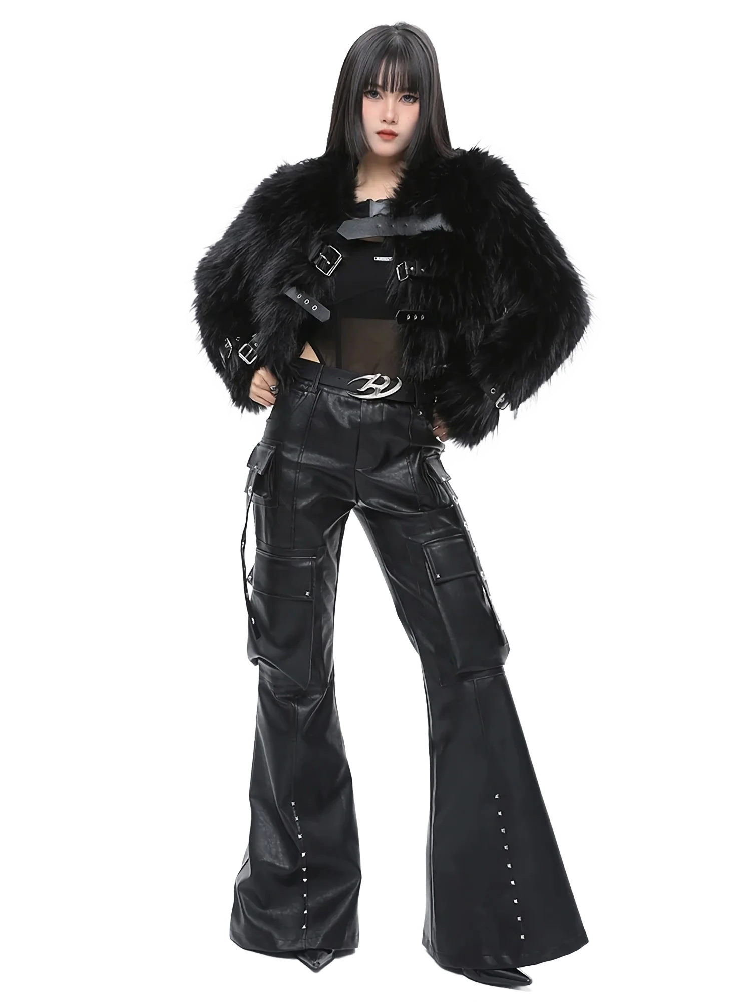 'Specter' Wide Leg Black Leather Cargo Pants - Image 3