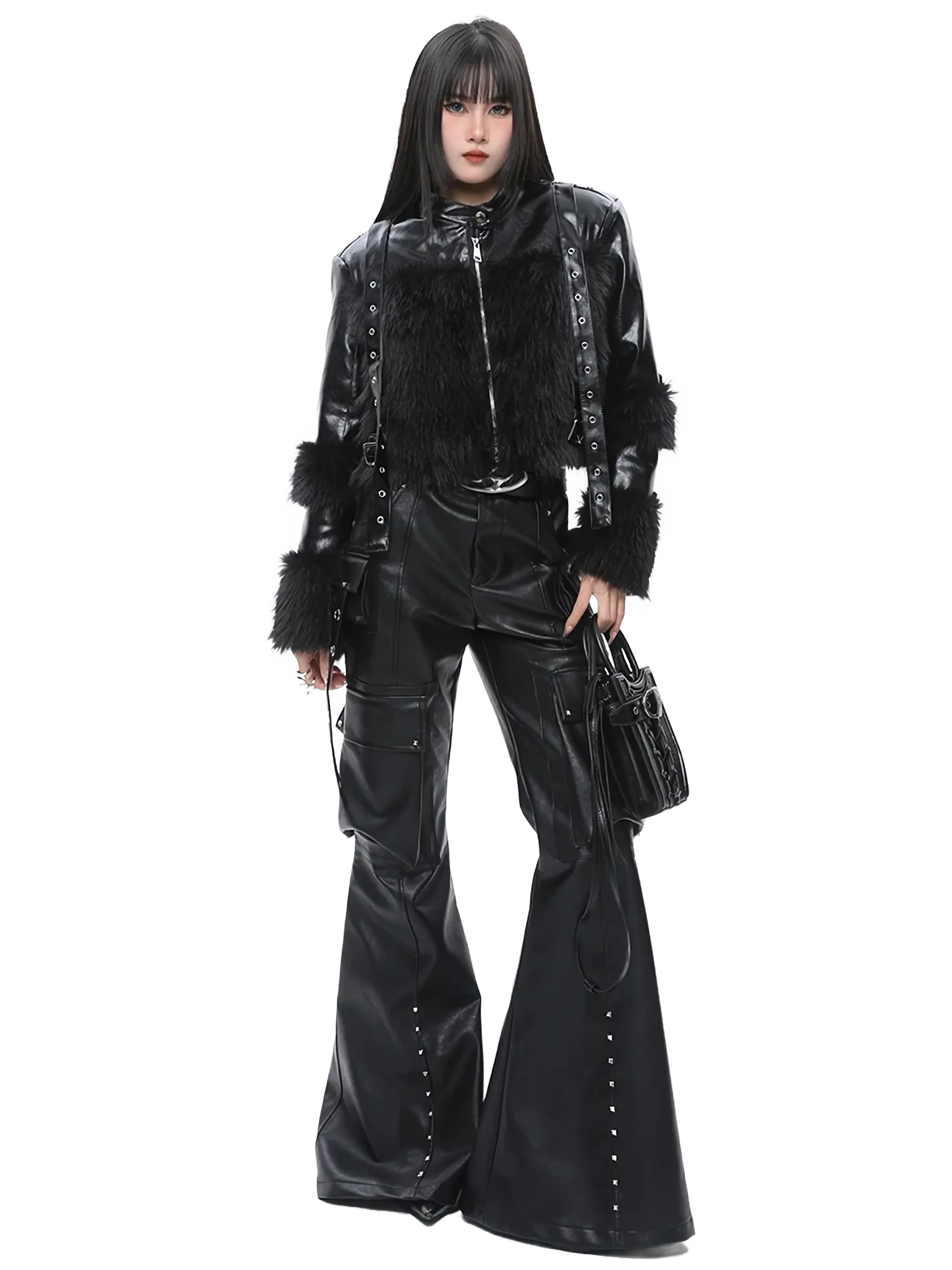 'Specter' Wide Leg Black Leather Cargo Pants - Image 4