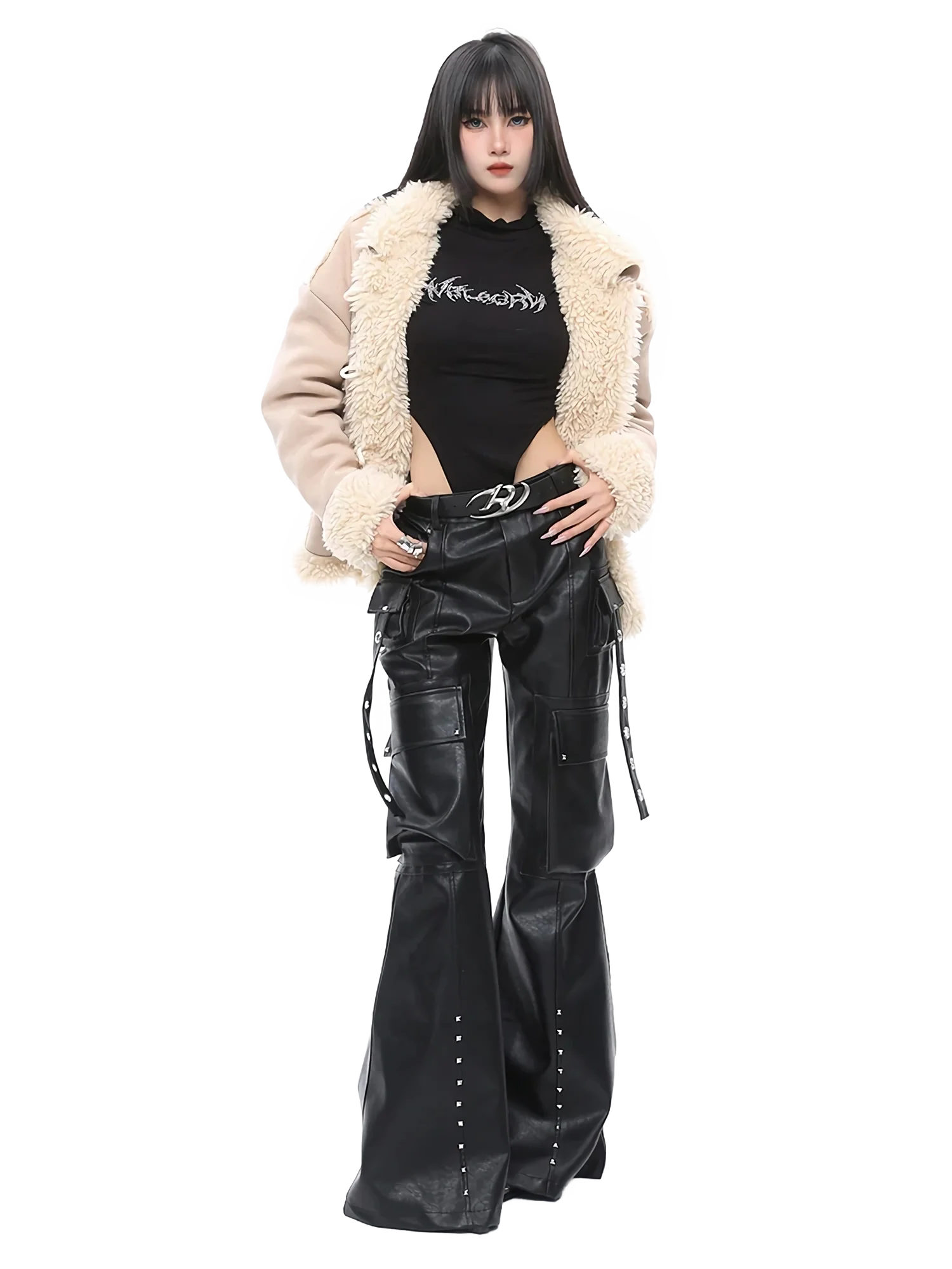 'Specter' Wide Leg Black Leather Cargo Pants - Image 5