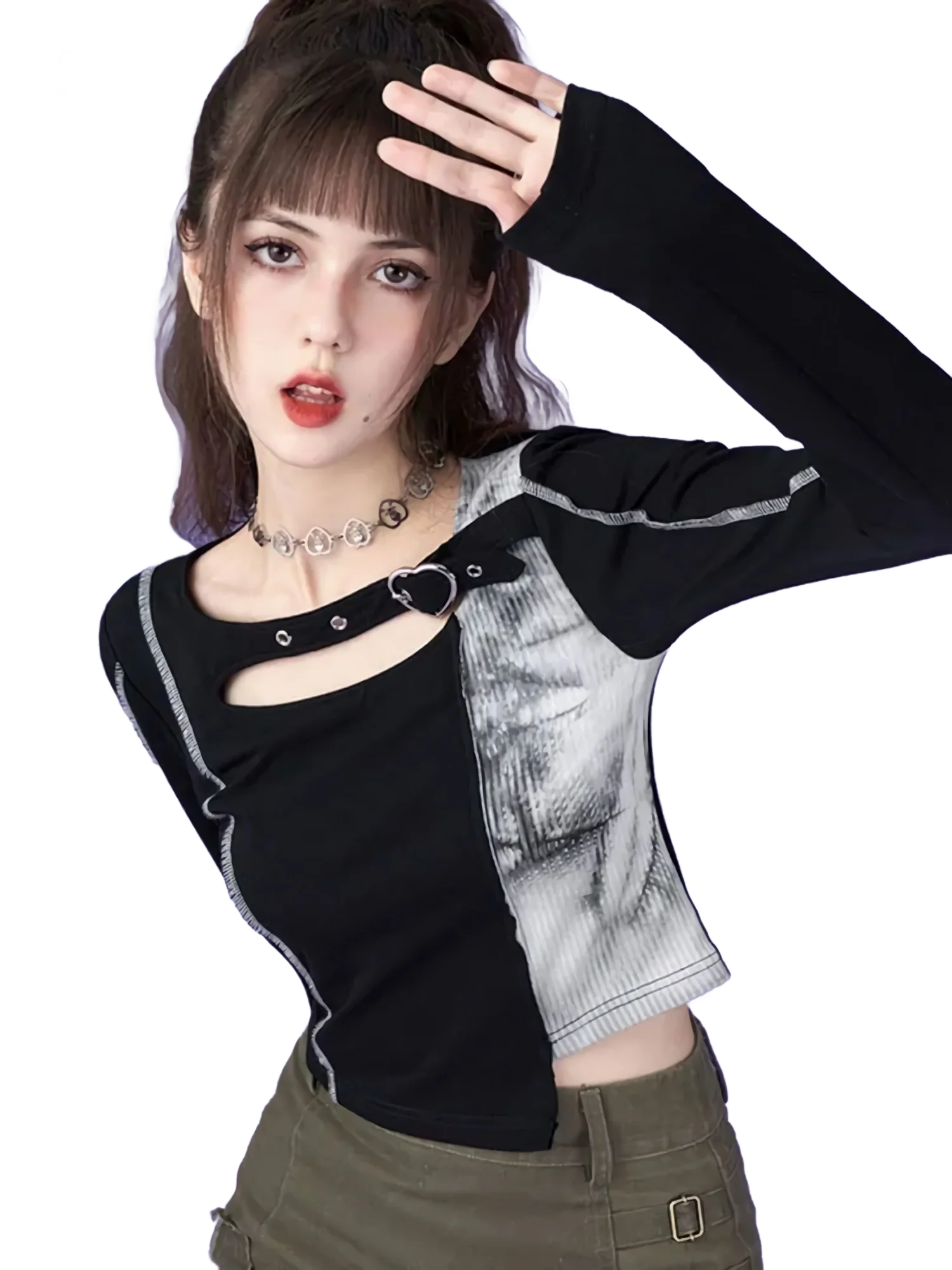 'Split Persona' Contrast Print Long Sleeve Tee