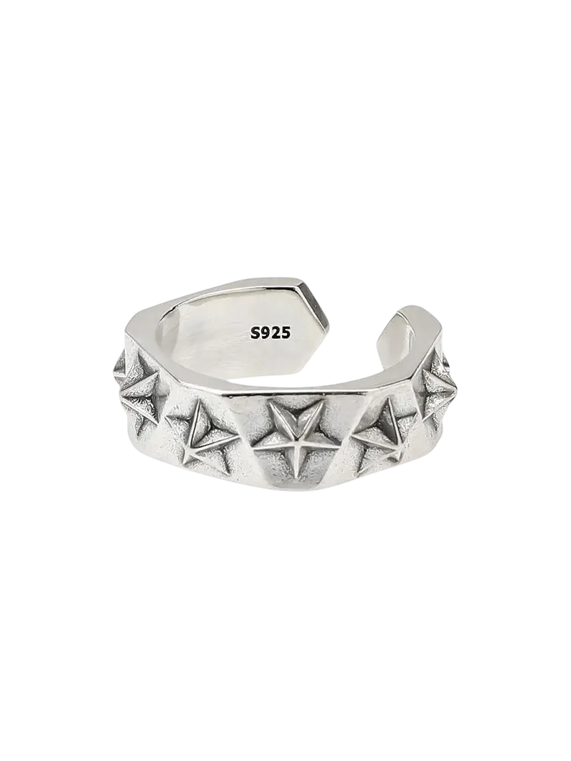 Star Embossed Silver Plated Cuff Ring