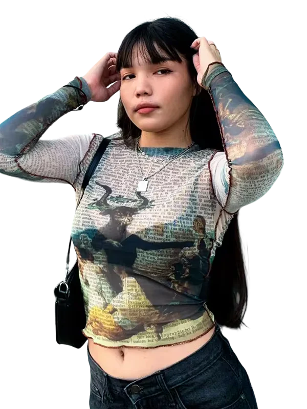 'Statement' Sheer Mesh Long Sleeve Tee - Image 3
