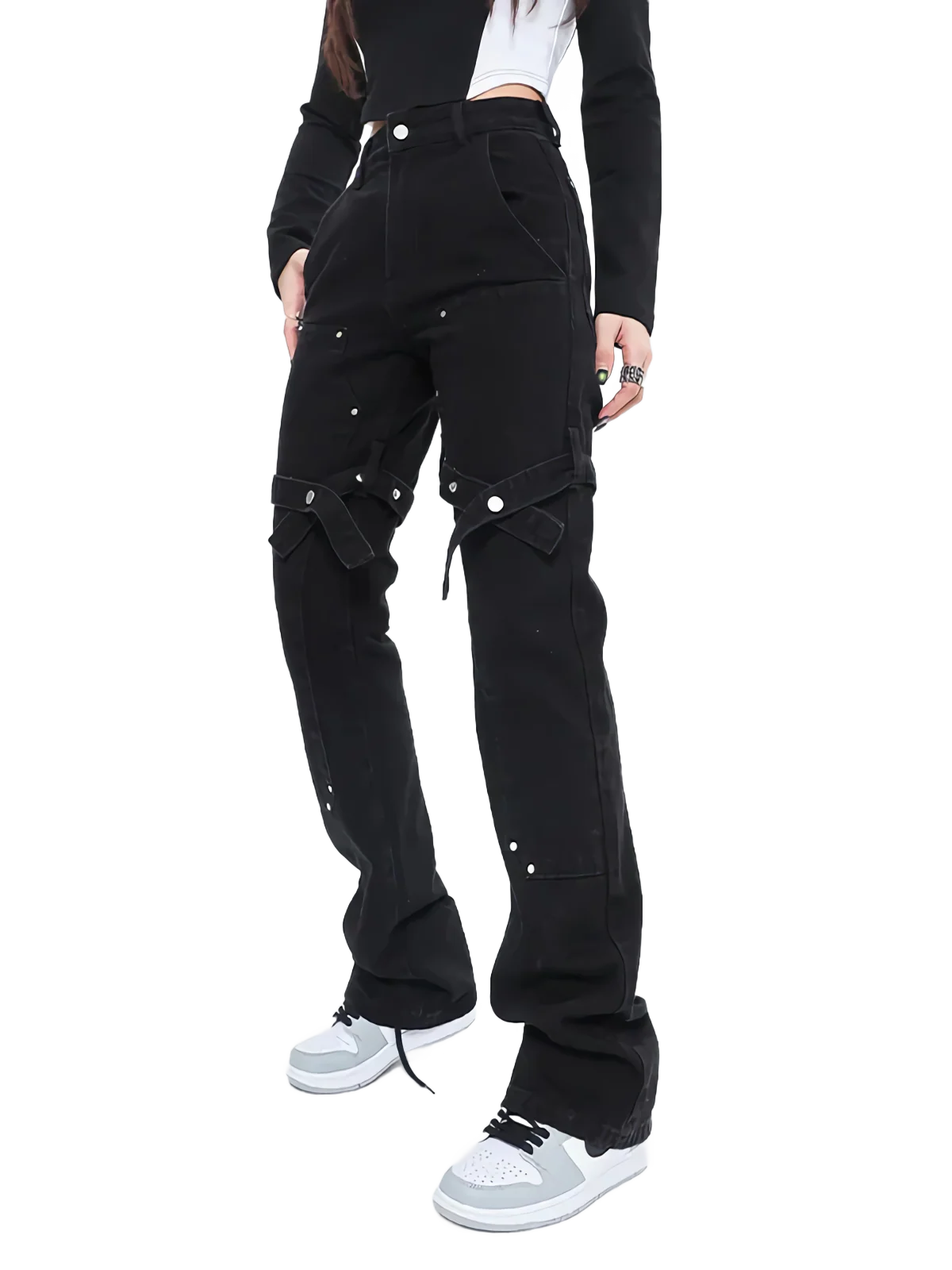 Strapped Flare Leg Black Denim Jeans