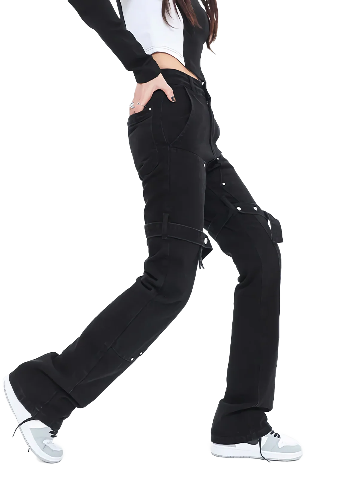 Strapped Flare Leg Black Denim Jeans - Image 2