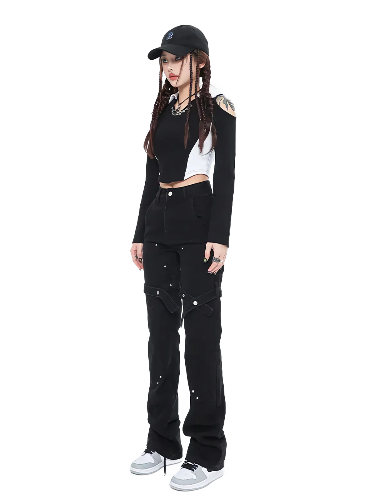 Strapped Flare Leg Black Denim Jeans - Image 4