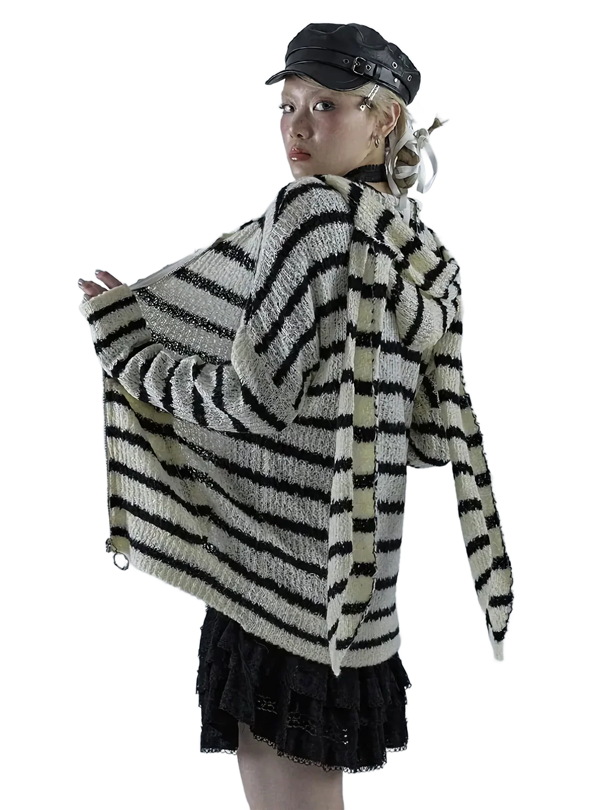 Striped Bunny-Ear Knit Hoodie