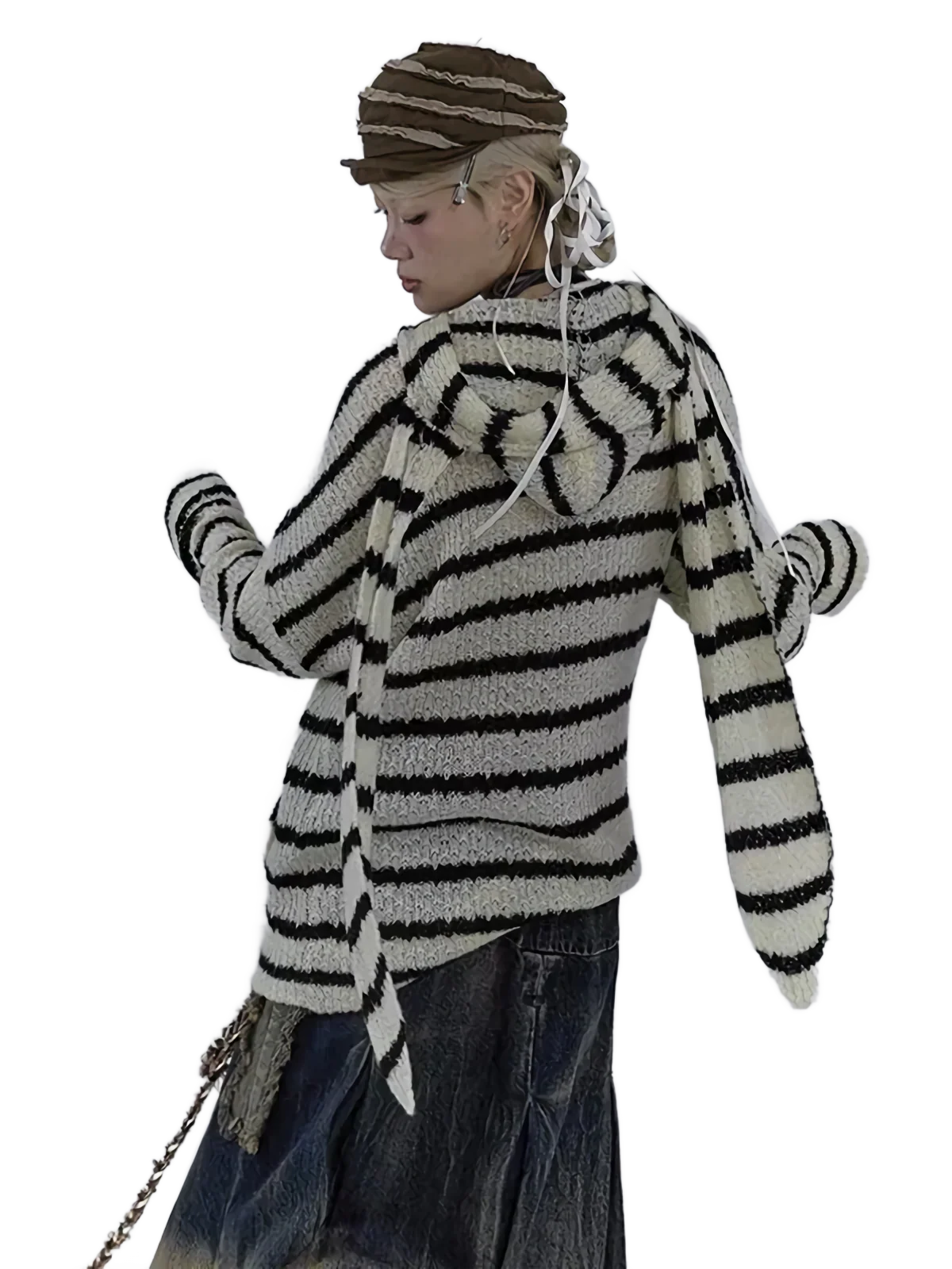 Striped Bunny-Ear Knit Hoodie - Image 2