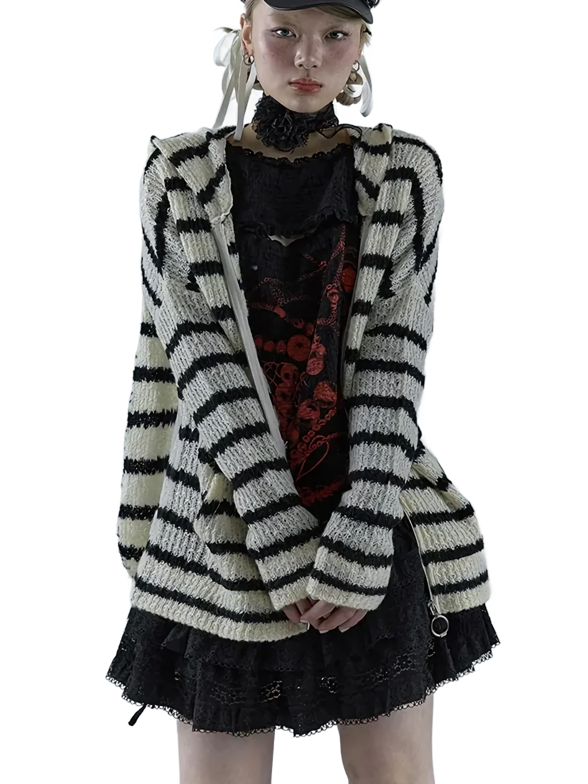 Striped Bunny-Ear Knit Hoodie - Image 3