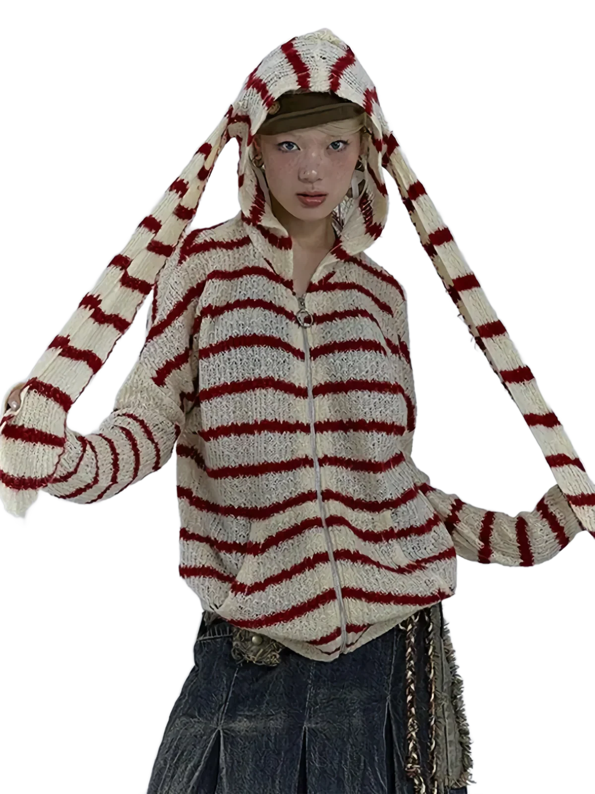 Striped Bunny-Ear Knit Hoodie - Image 4