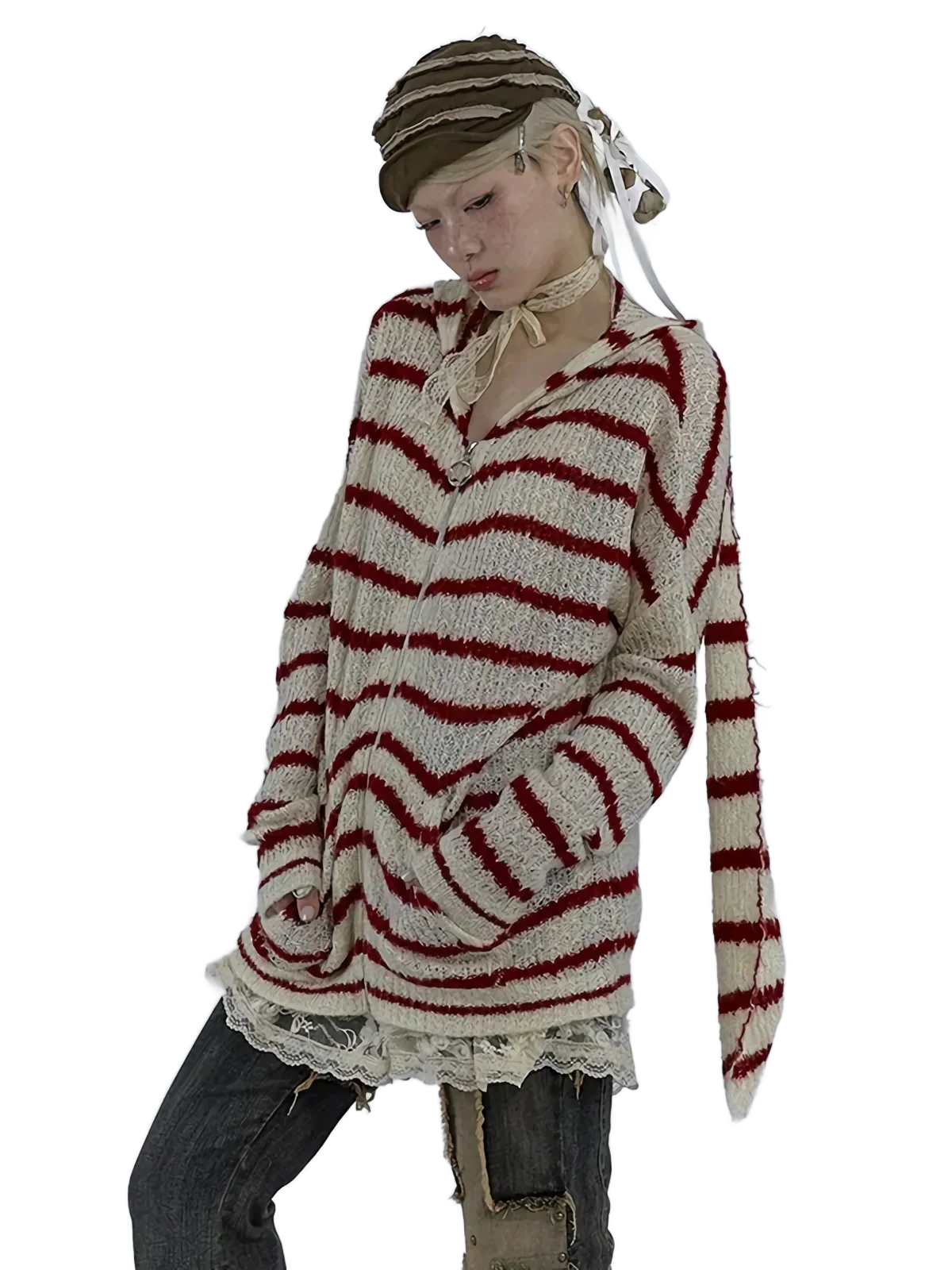 Striped Bunny-Ear Knit Hoodie - Image 5