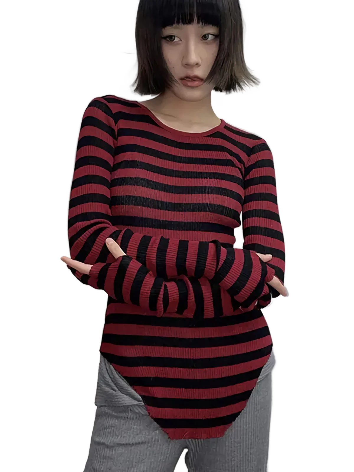 Striped Knit Long Sleeve Cotton Tee
