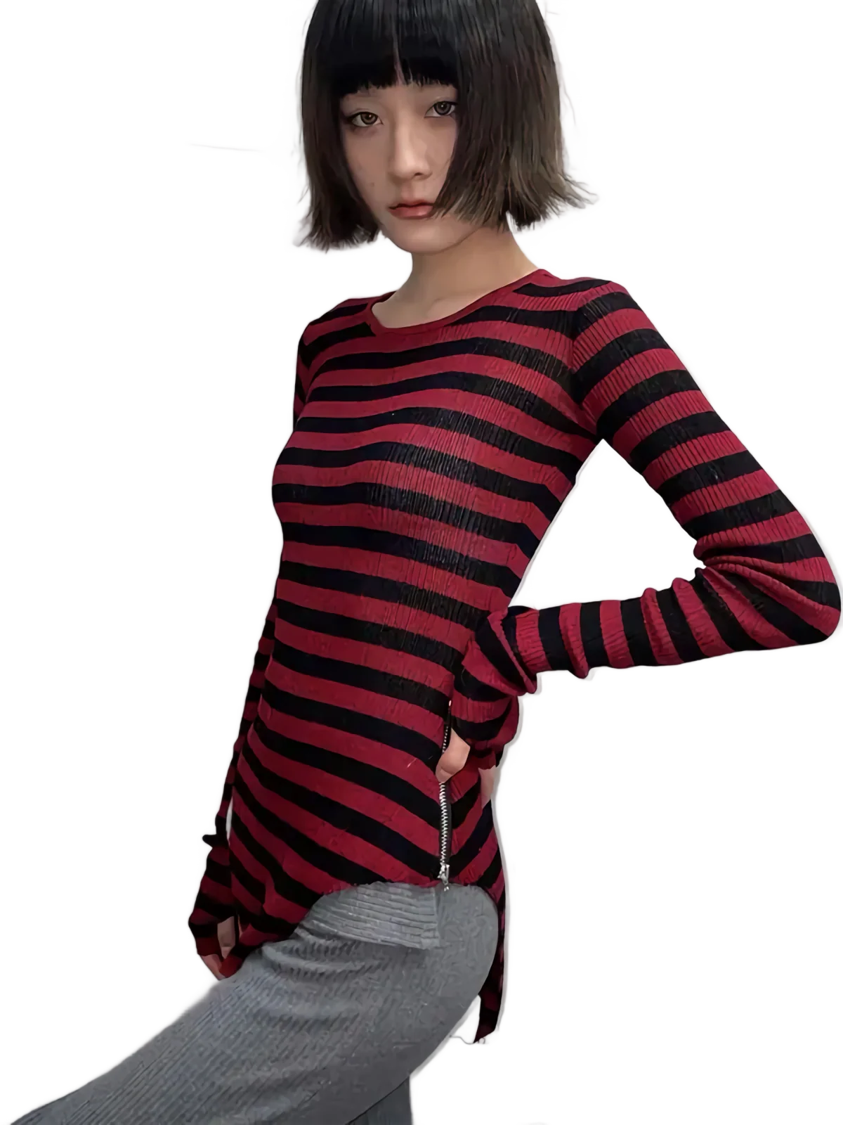 Striped Knit Long Sleeve Cotton Tee - Image 2