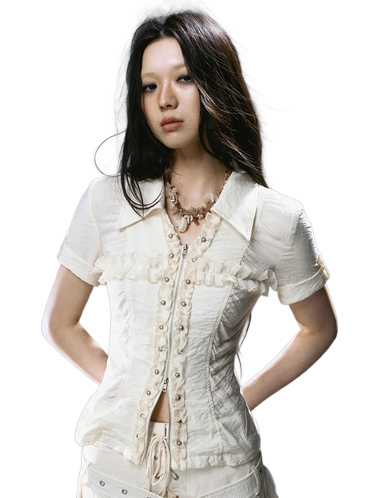 Studded Lace-Front Zip Shirt