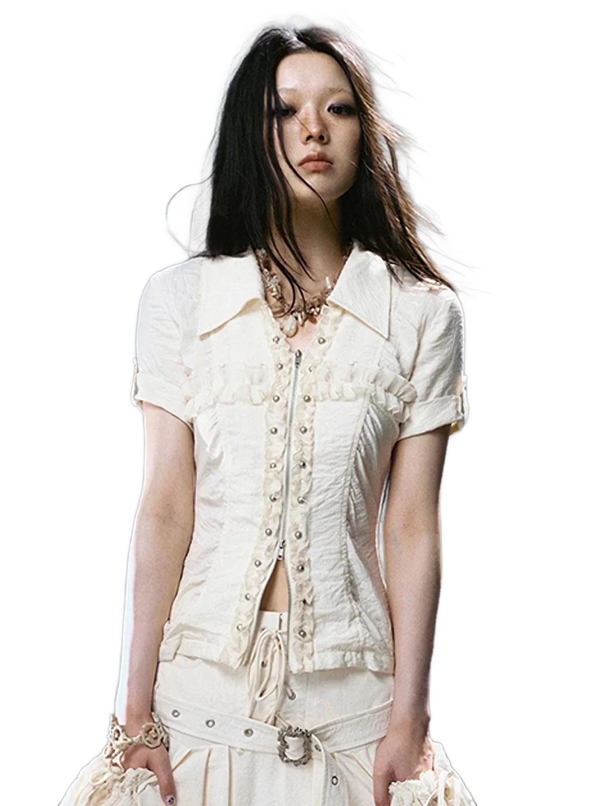 Studded Lace-Front Zip Shirt - Image 7
