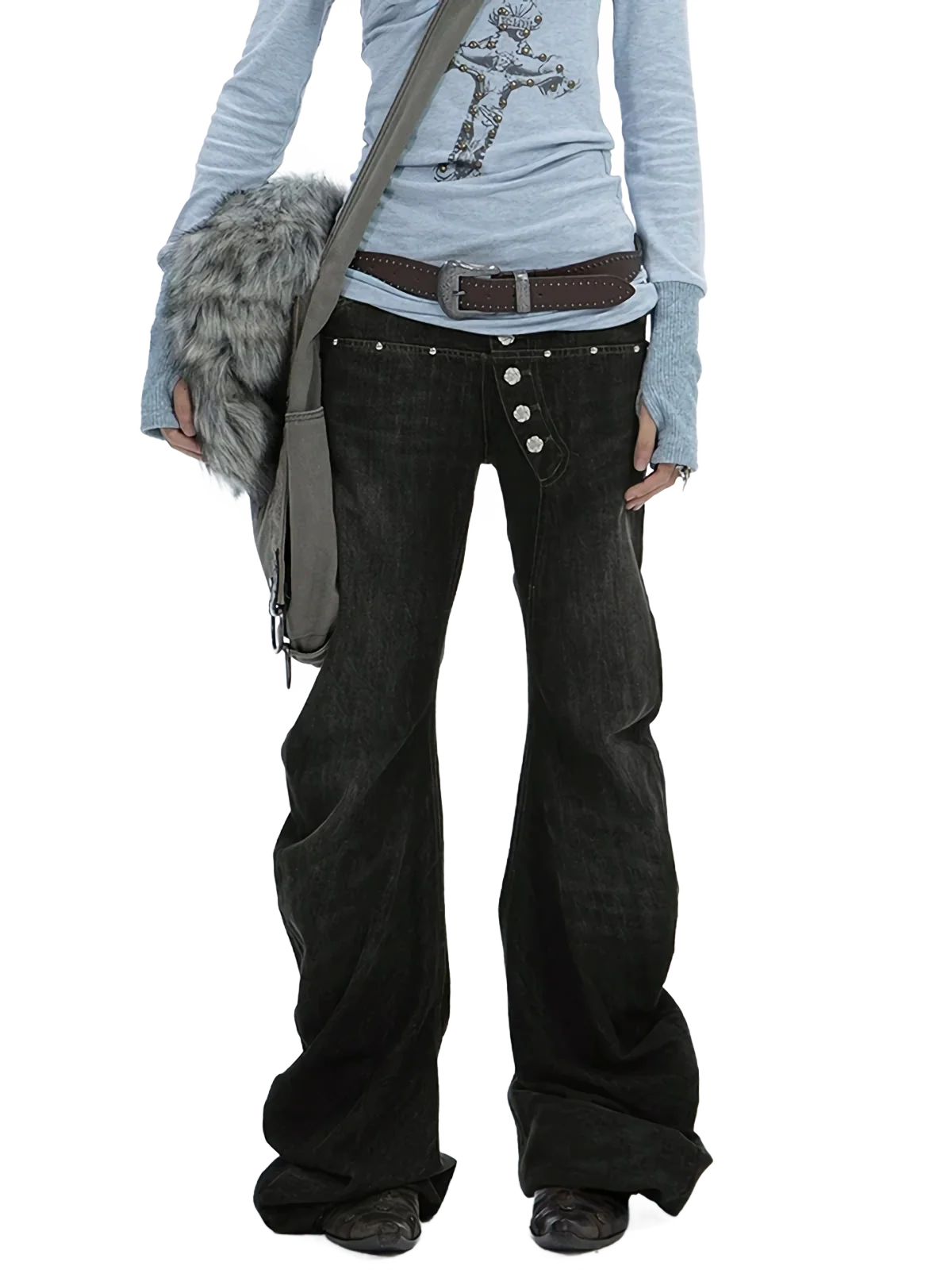 Studded Wide-Leg Black Denim Jeans