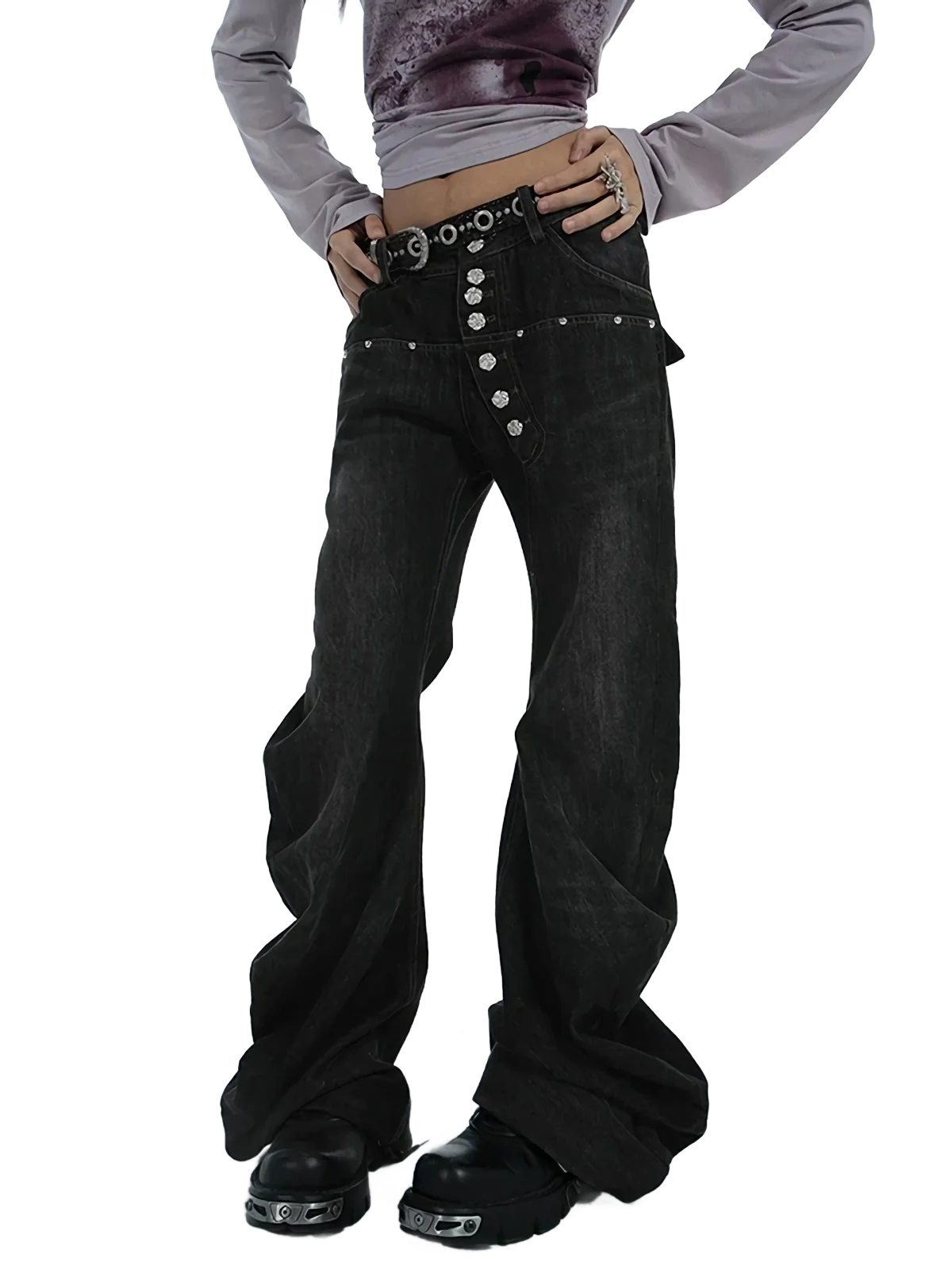 Studded Wide-Leg Black Denim Jeans - Image 3
