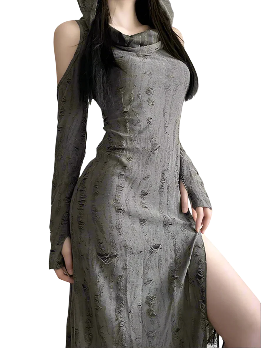 Tattered Slit Maxi Dress with Hood - Image 2