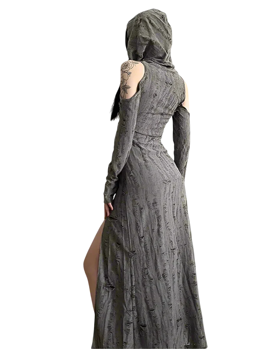 Tattered Slit Maxi Dress with Hood - Image 3