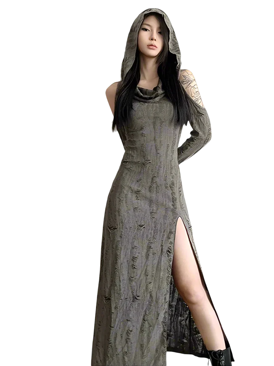 Tattered Slit Maxi Dress with Hood - Image 4