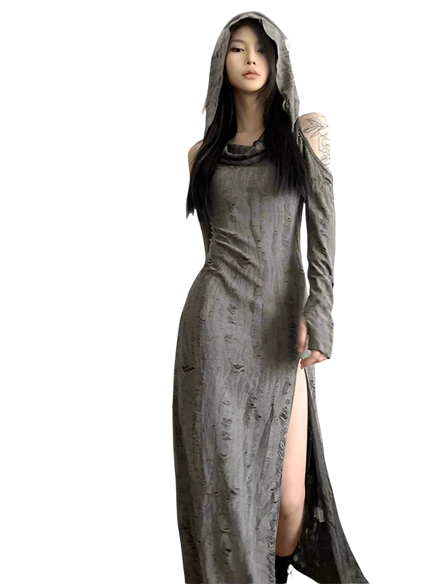 Tattered Slit Maxi Dress with Hood - Image 5