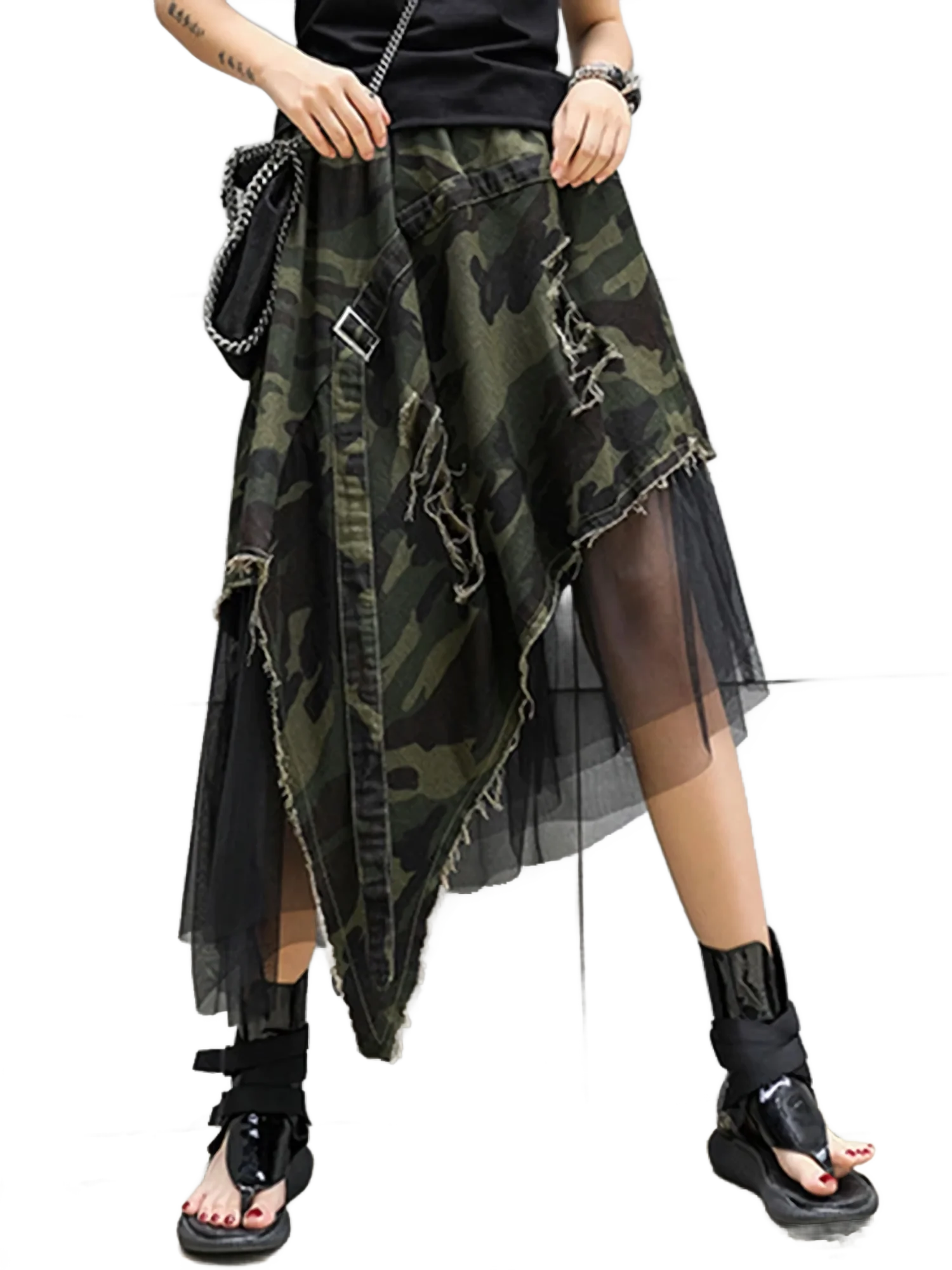 'Vanguard' Distressed Camo Denim Tulle Maxi Skirt